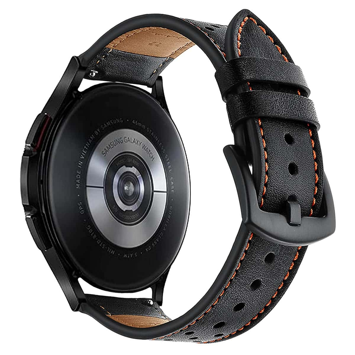 Schwarze Smartwatch mit schwarzem Lederarmband und orangefarbenen Nähten, die die Sensoren und das Design der Uhr zeigt.