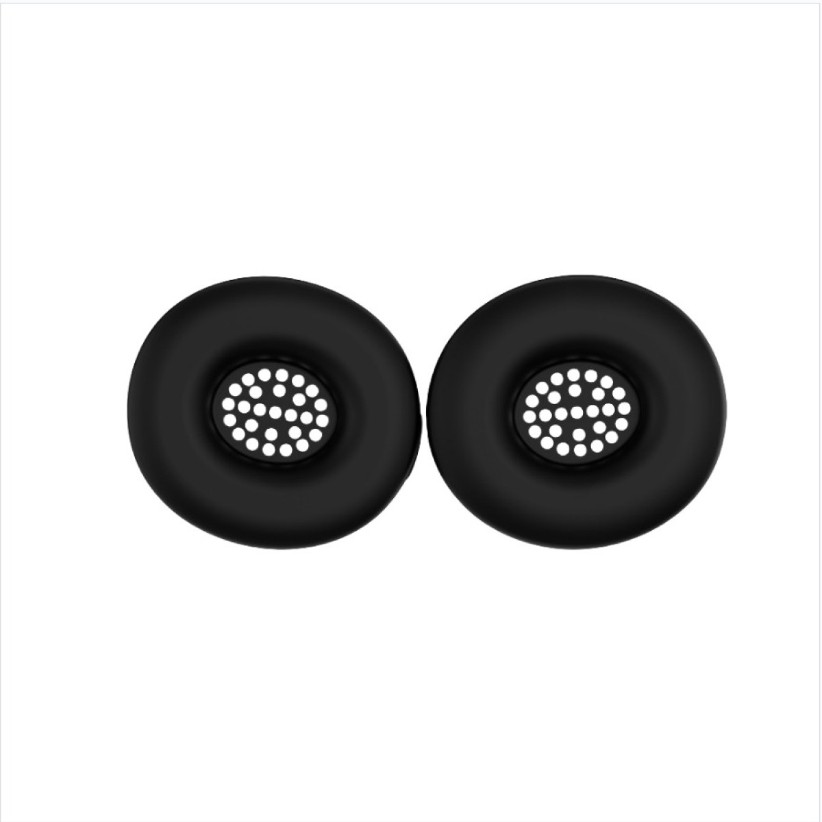 Due cuscinetti auricolari neri rotondi con centri perforati, progettati per cuffie, visualizzati su uno sfondo bianco semplice.