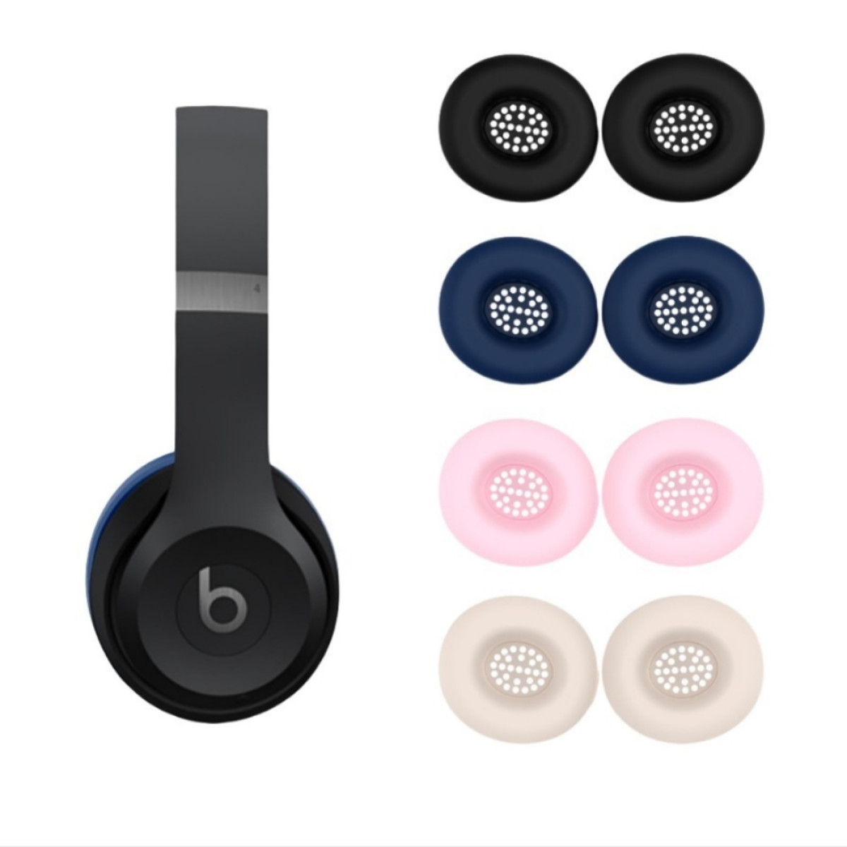 Cuffie con più sostituzioni di cuscinetti auricolari in nero, blu, rosa e beige, che mostrano le opzioni di personalizzazione.