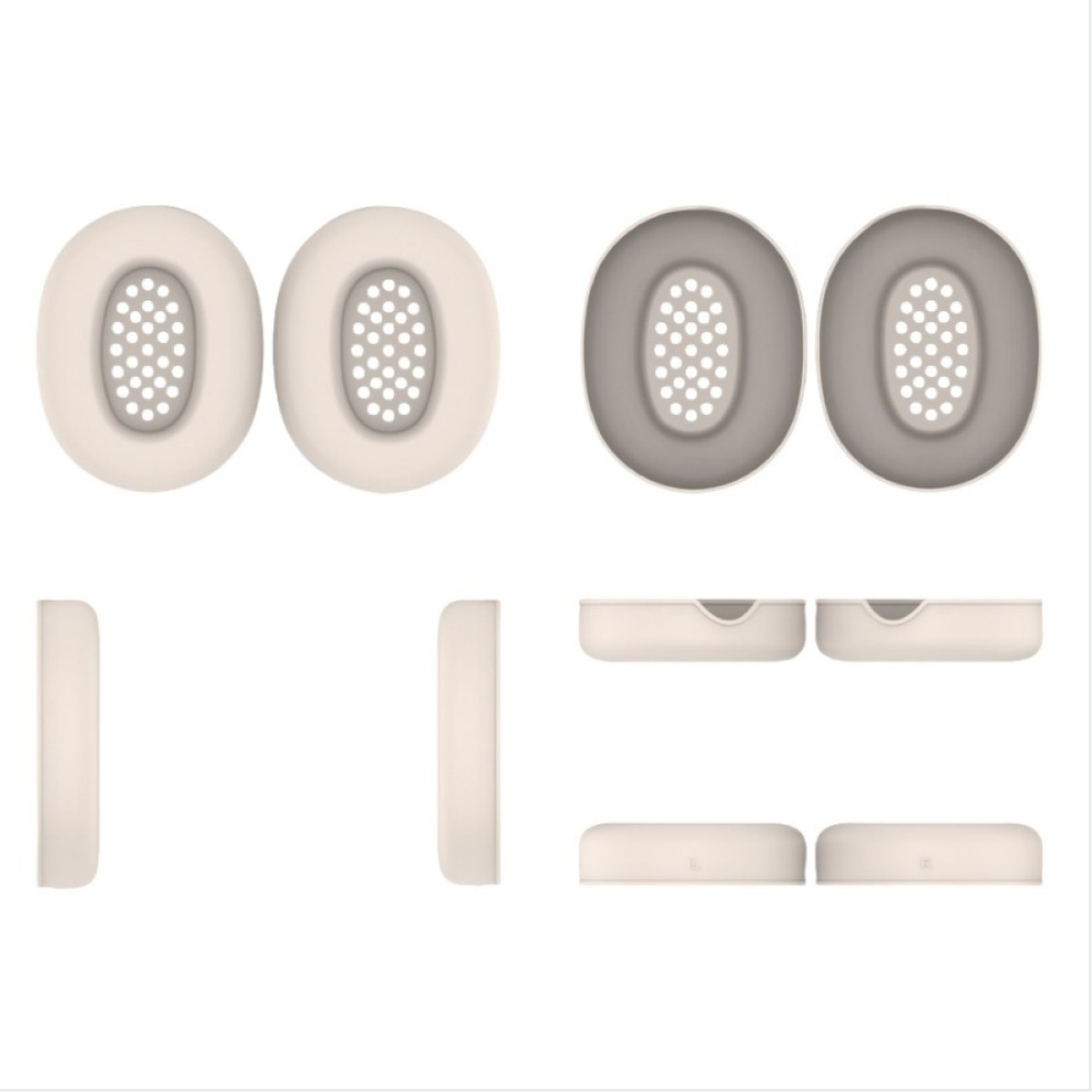 Cuscinetti auricolari beige mostrati da più angolazioni, progettati per cuffie.