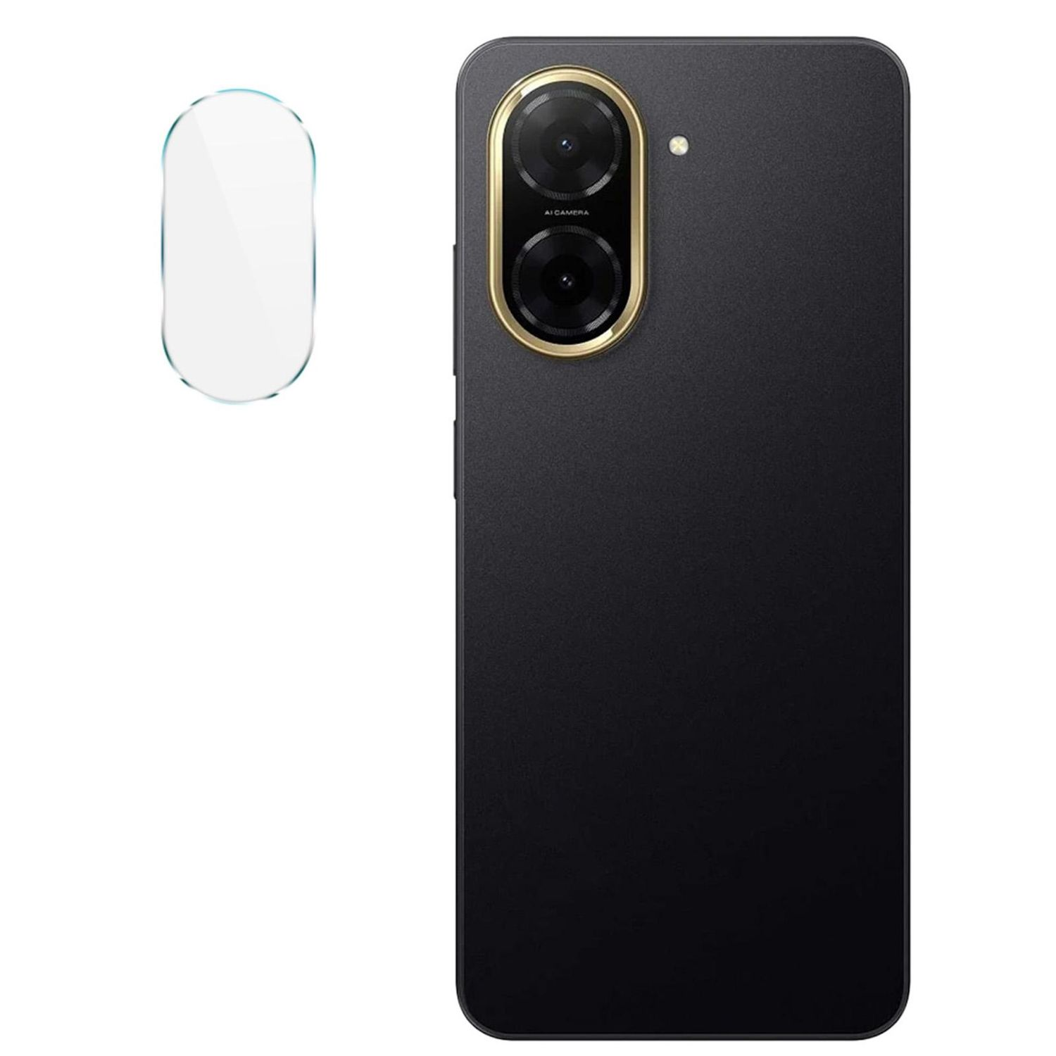 Un telefono cellulare nero con due fotocamere e una protezione per lo schermo è mostrato su uno sfondo bianco.