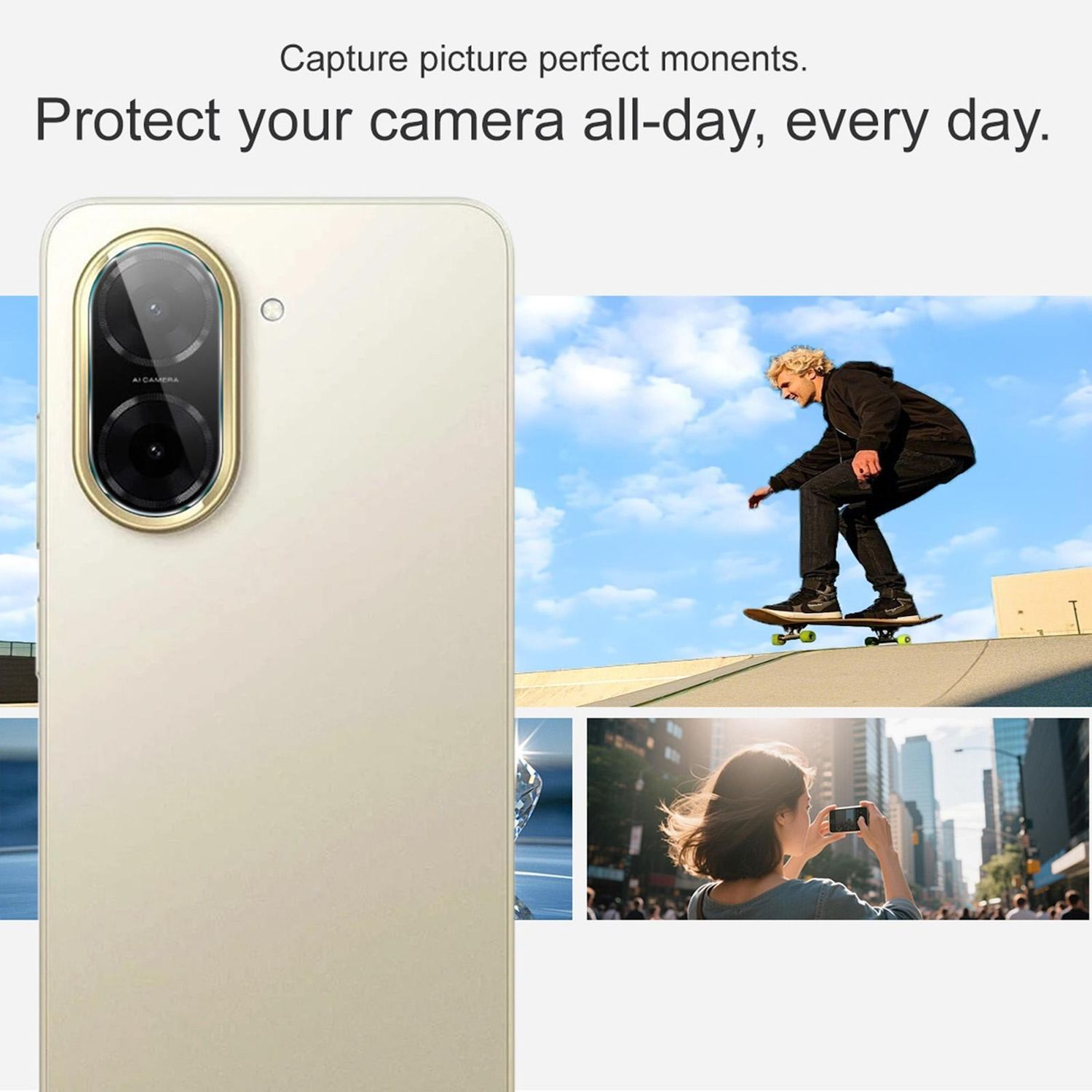 L'immagine mostra un telefono con una protezione per l'obiettivo della fotocamera e scene di persone che vanno sullo skateboard e scattano foto.