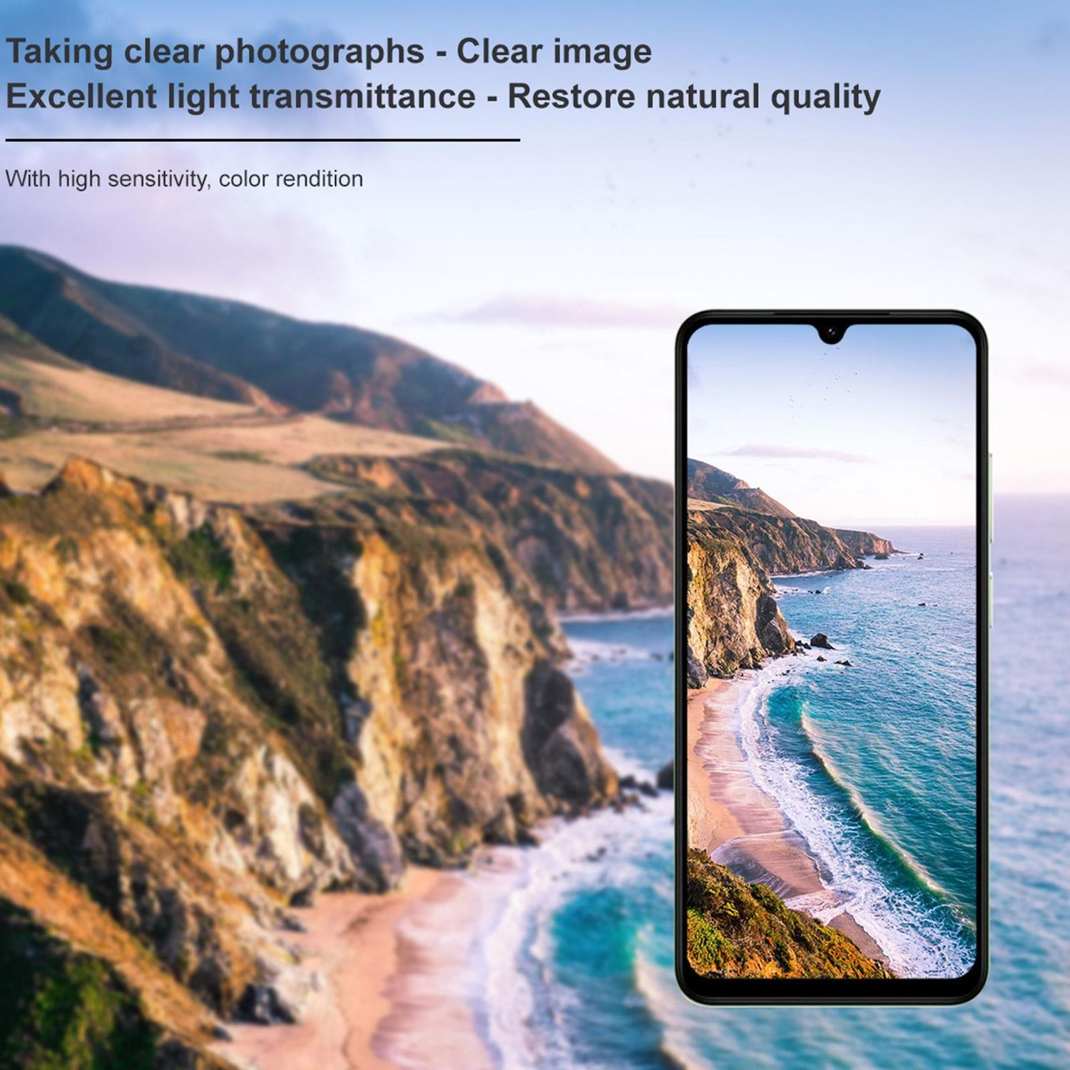 Un telefono mostra una vista panoramica sulla spiaggia, evidenziandone la chiarezza dell'immagine e la trasmissione della luce.