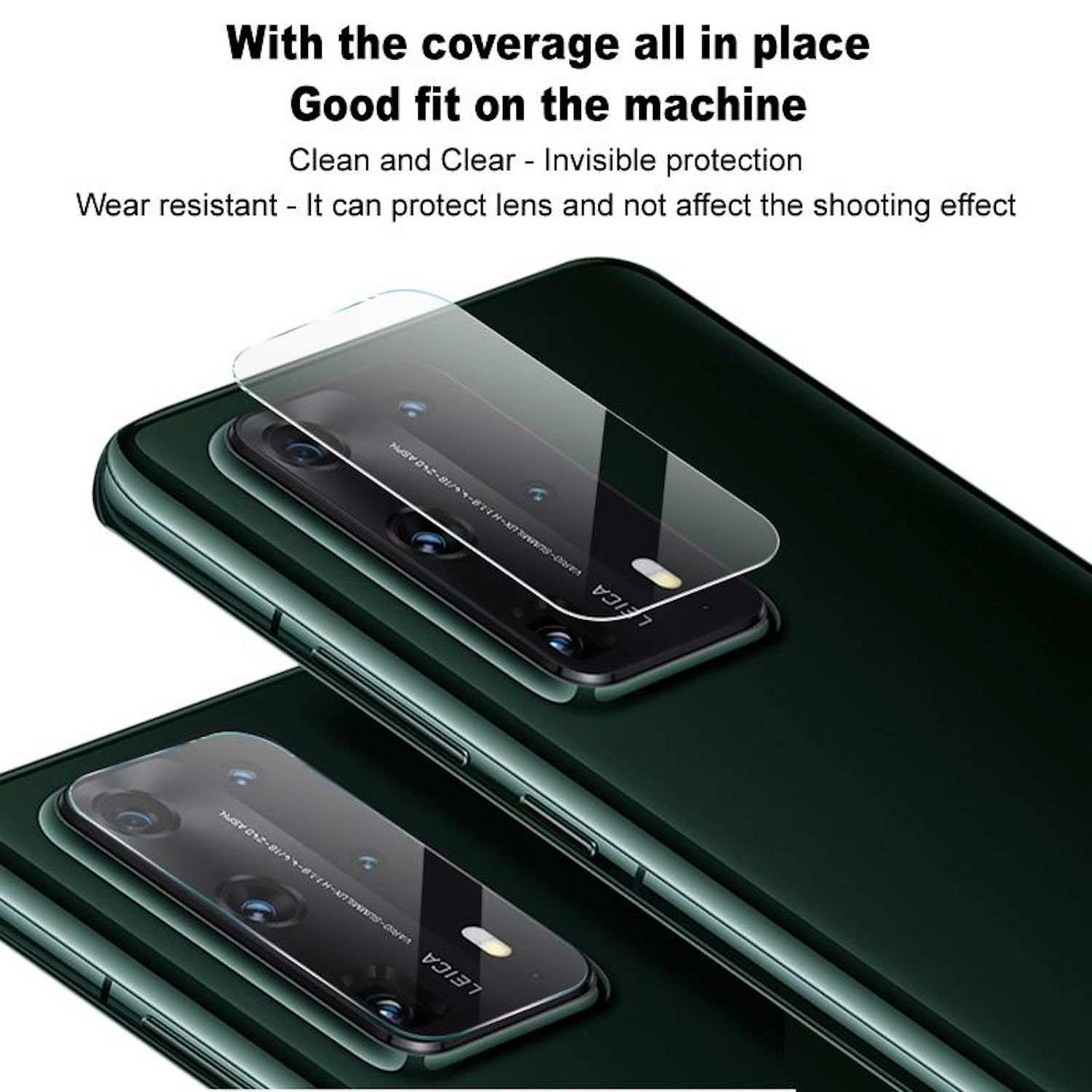 L'immagine mostra una protezione per l'obiettivo della fotocamera del telefono in fase di installazione su un telefono con una parte posteriore verde scuro.