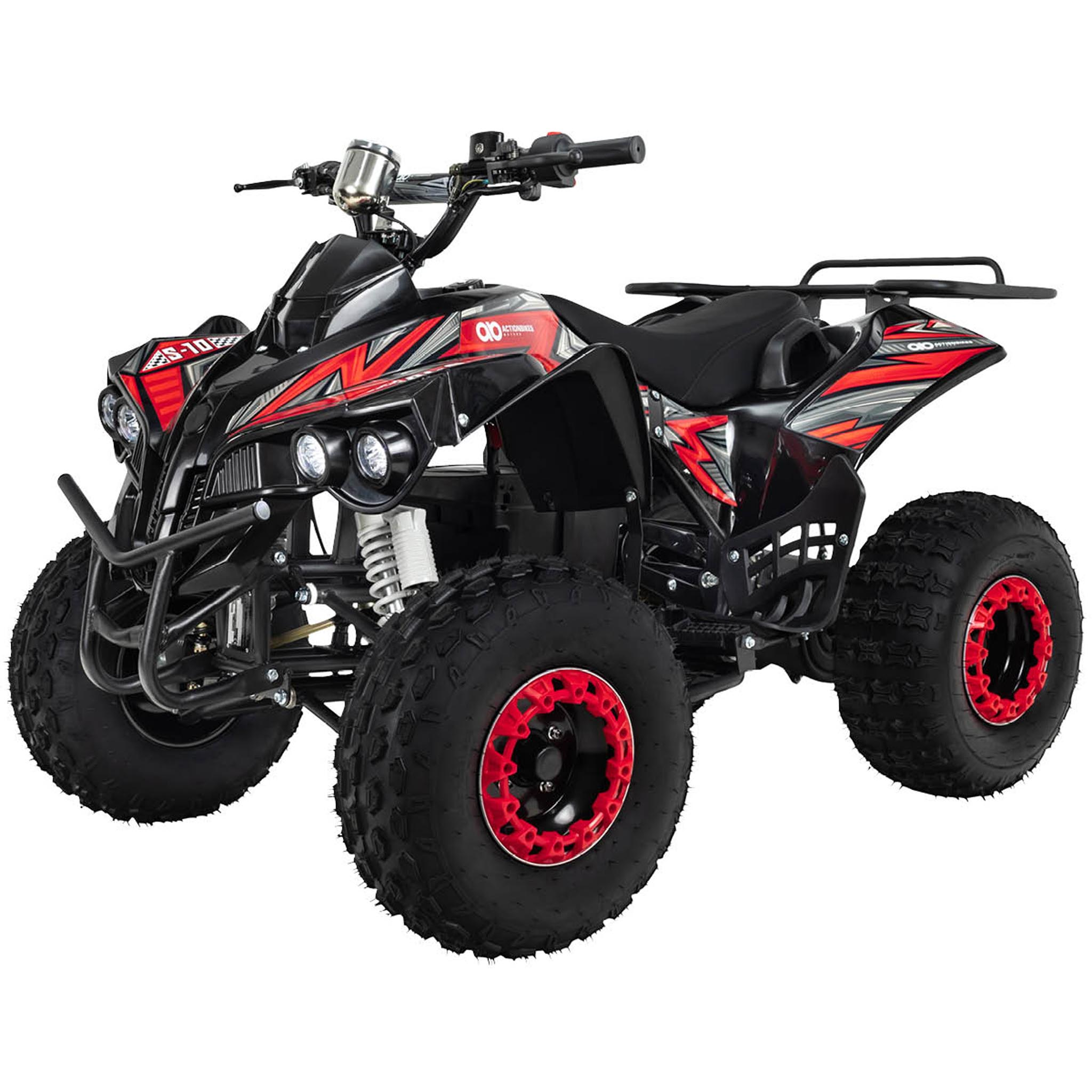 Ein schwarzes und rotes ATV. Es hat rote Räder und einen schwarzen Rahmen. Auf weißem Hintergrund.
