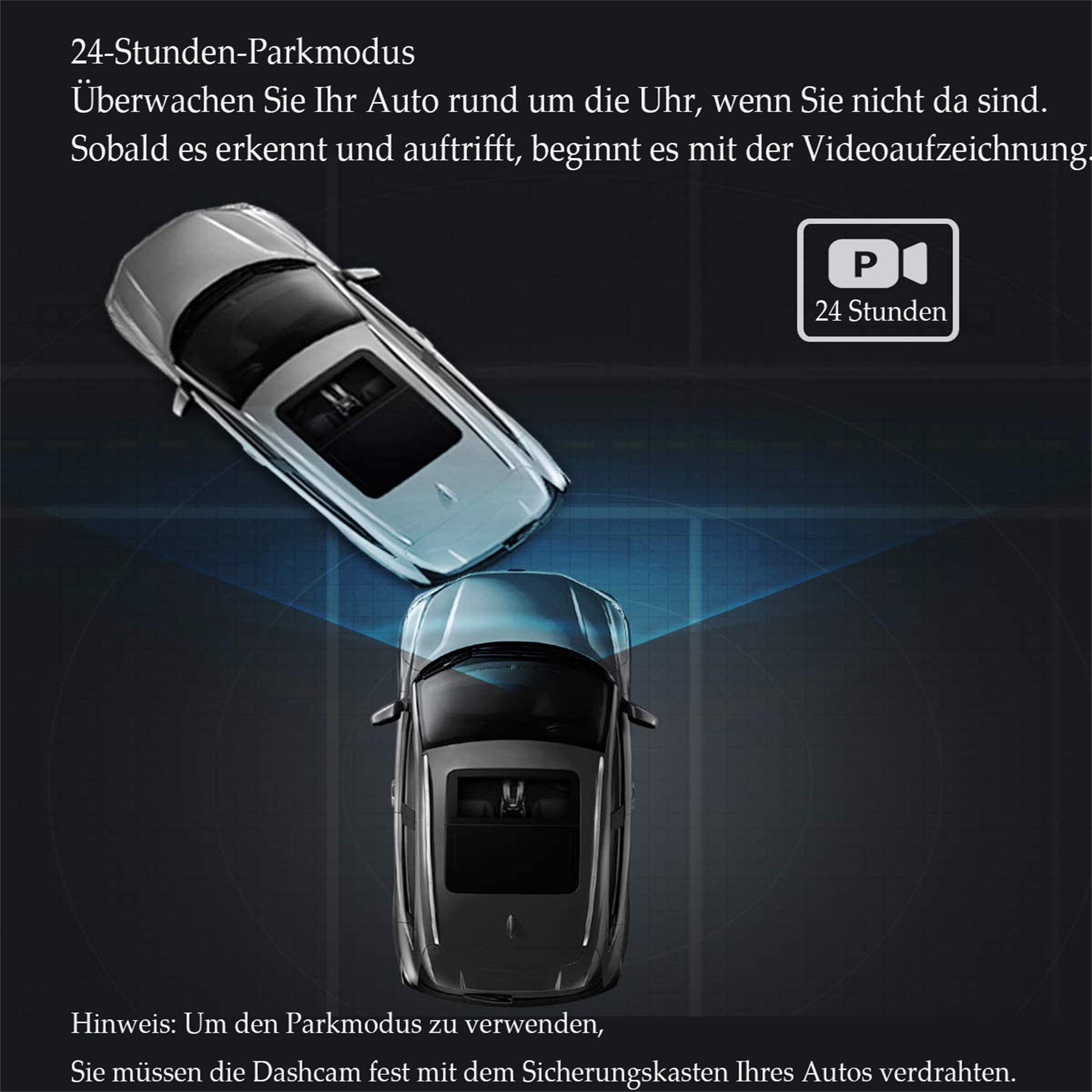 Zwei Autos parken auf einer Straße. Der Text zeigt ein Diagramm der Autos und ein Parkmodus-Symbol.