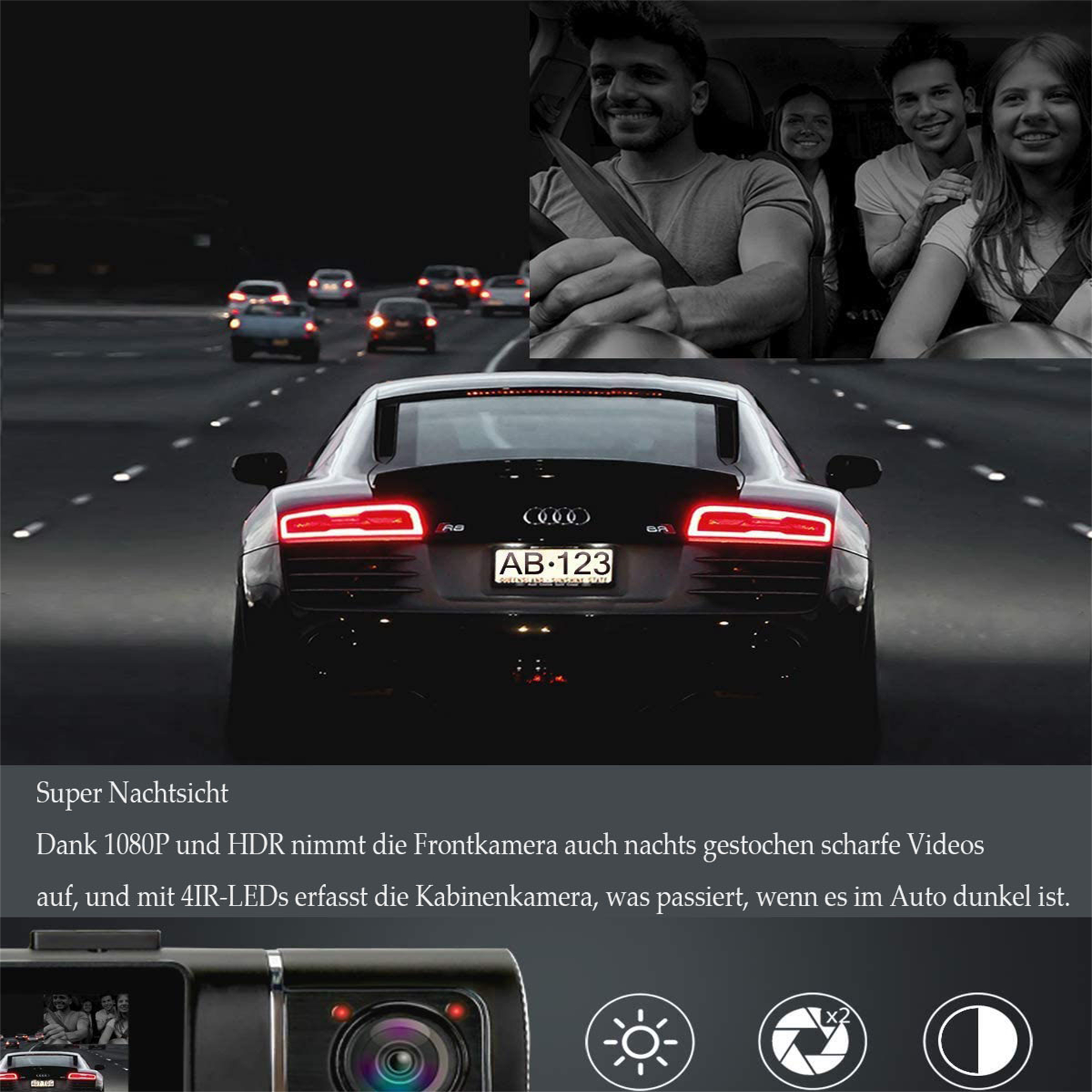 Dashcam zeigt Auto bei Nacht. Personen sind im Auto. Andere Autos auf der Straße bei Nacht.
