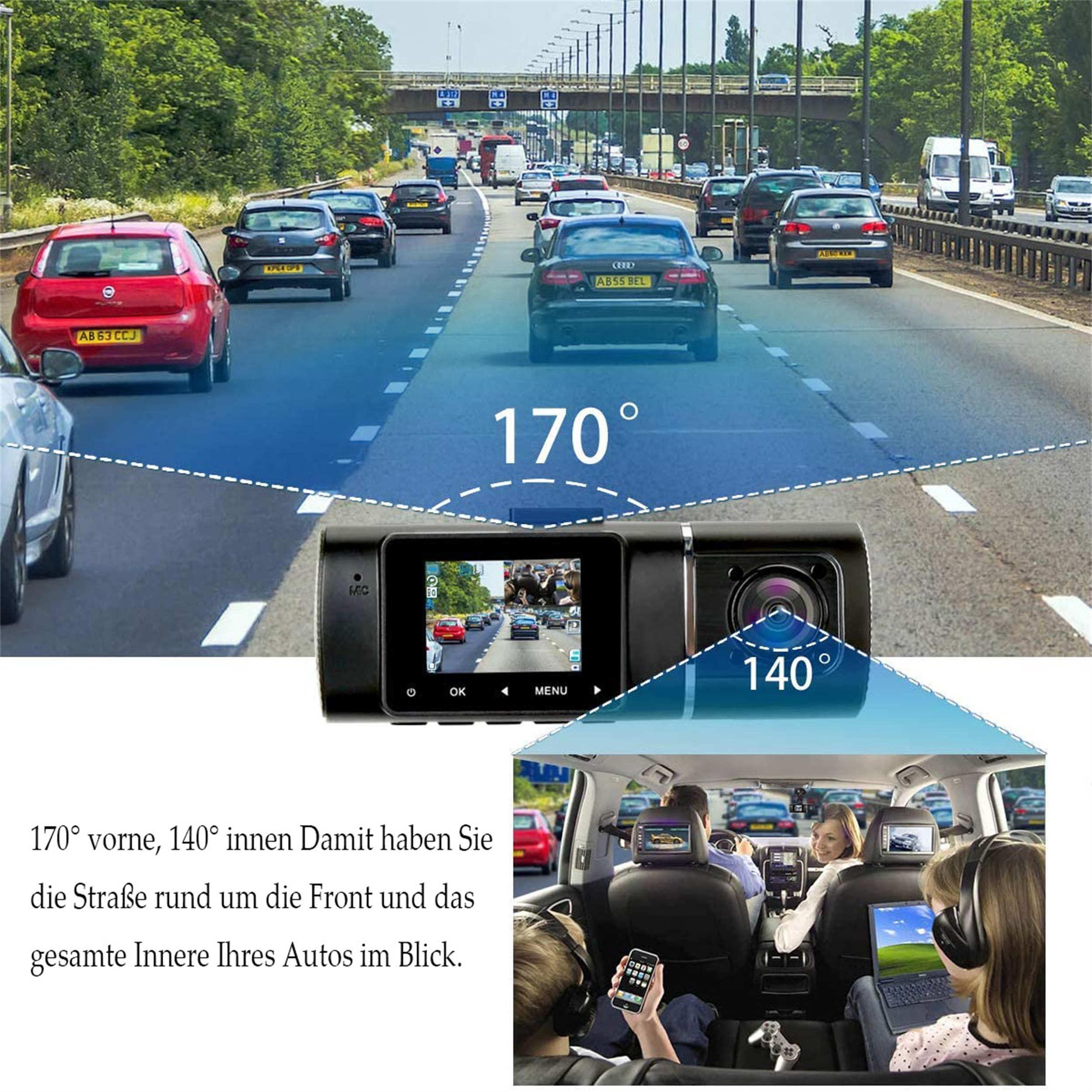 Autos auf einer Straße. Eine Dashcam zeigt die Straße voraus. Personen in einem Auto.