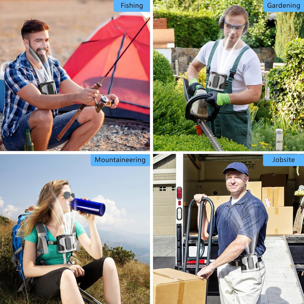 Collage von Menschen, die Outdoor-Aktivitäten genießen, während sie tragbare Ventilatoren um Hals und Taille tragen.