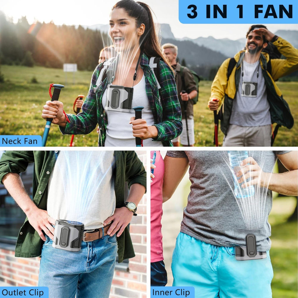 Collage, das Menschen zeigt, die einen tragbaren Ventilator auf verschiedene Arten verwenden: Nackenventilator, Auslassclip und Innenclip.