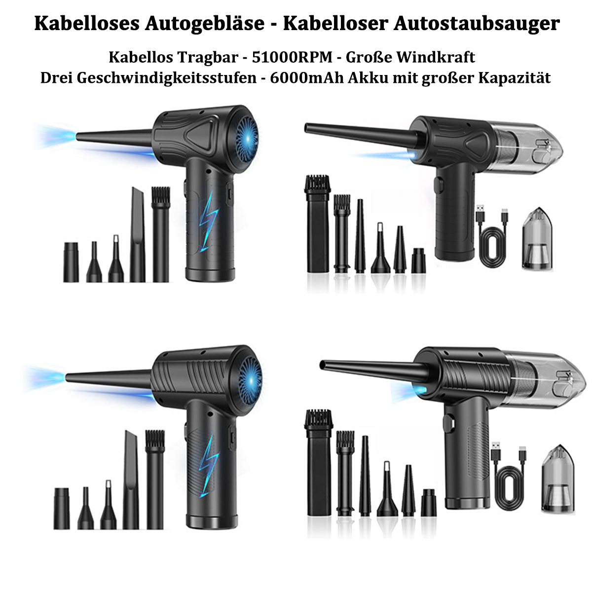 Collage aus kabellosen Luftstaubsaugern und Autostaubsaugern mit Zubehör, das ihre Funktionen und Zubehörteile zeigt.