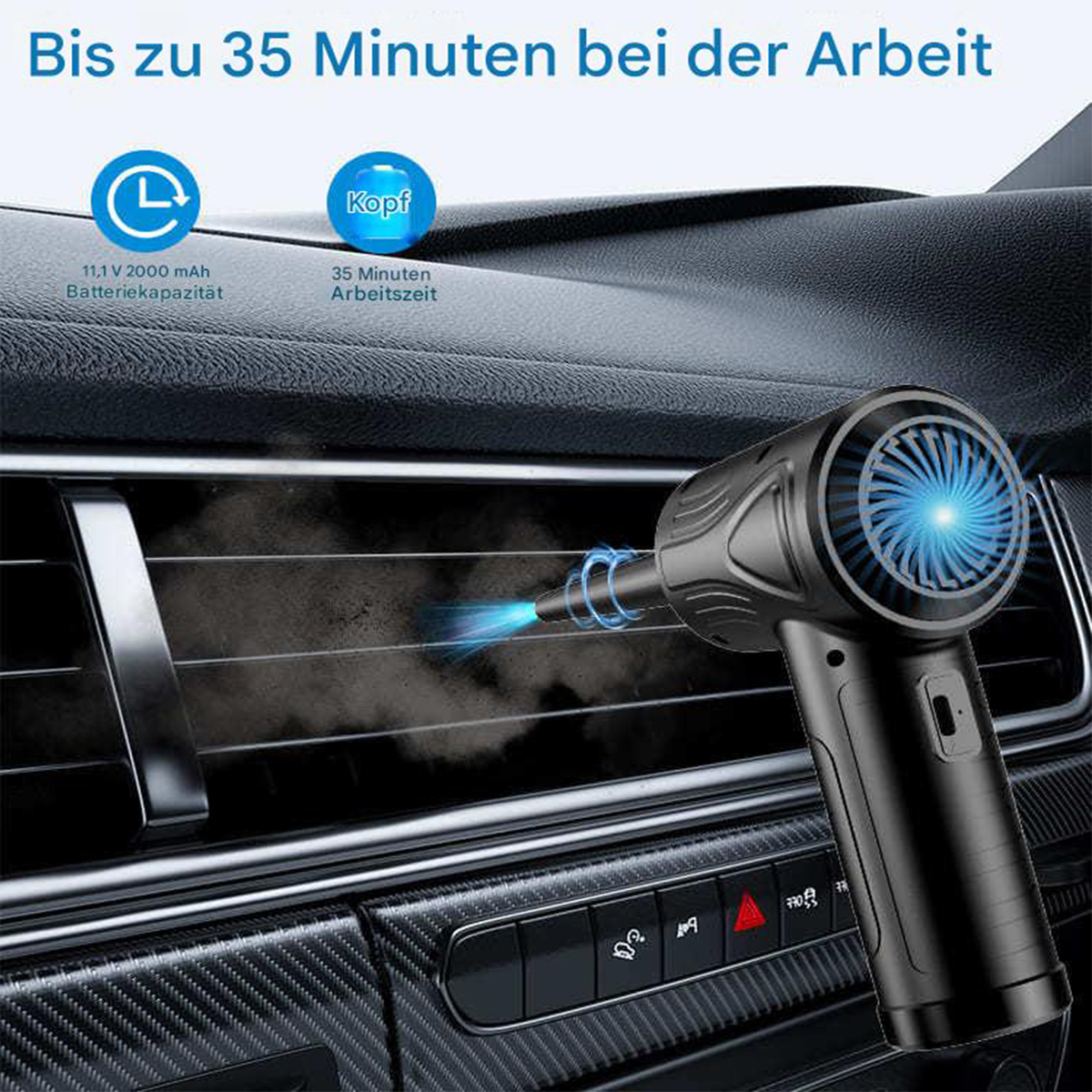 Autolüftung wird mit einem tragbaren schwarzen Luftstaubsauger gereinigt. Der Staubsauger schießt einen blauen Luftstrom aus.