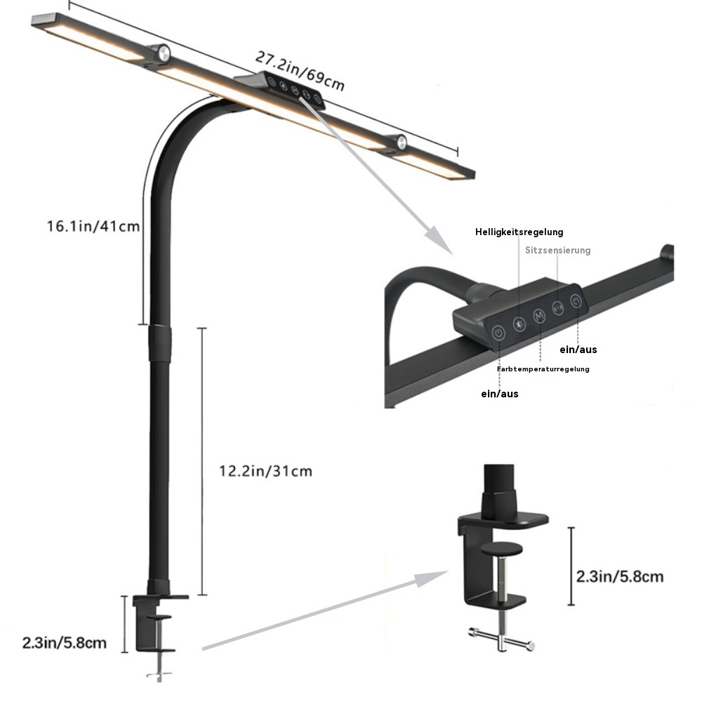 Eine schwarze Schreibtischlampe mit Messungen. Die Lampe hat eine Klemme und verstellbare Lichter.