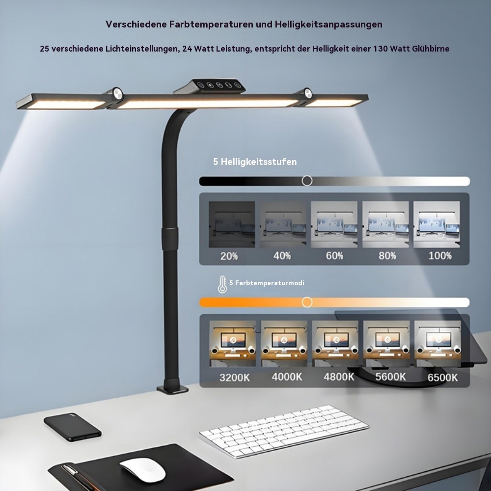 Schreibtischlampe mit einstellbaren Einstellungen auf einem Schreibtisch mit Tastatur, Maus und Telefon.