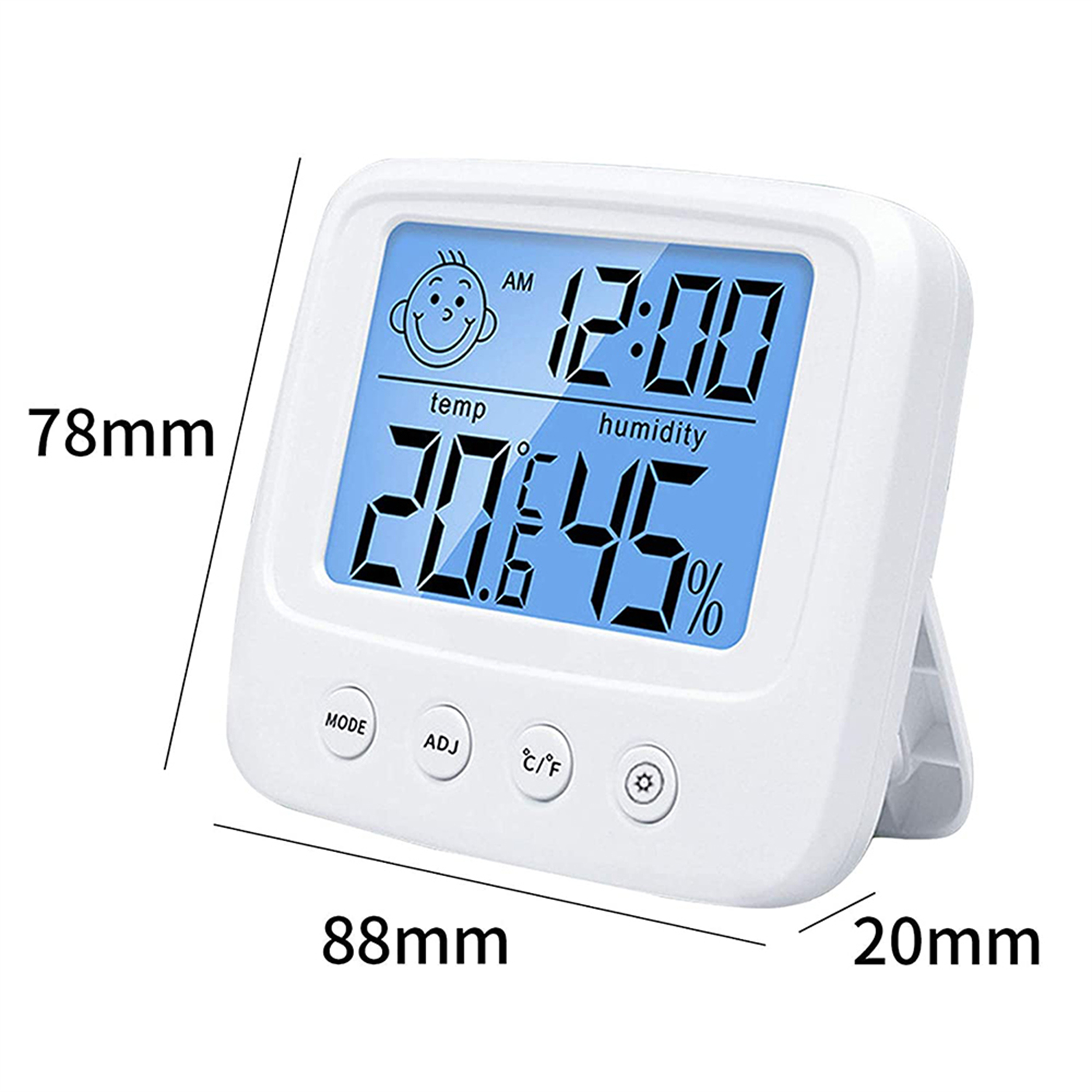 Weiße Digitaluhr, die eine Zeit von 12:00, eine Temperatur von 20,6 und 45 % Luftfeuchtigkeit anzeigt.
