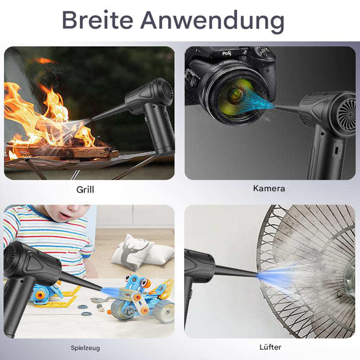 Ein schwarzer Luftstaubsauger wird in Gebrauch gezeigt, auf einem Grill, einer Kamera, einem Spielzeug und einem Ventilator.