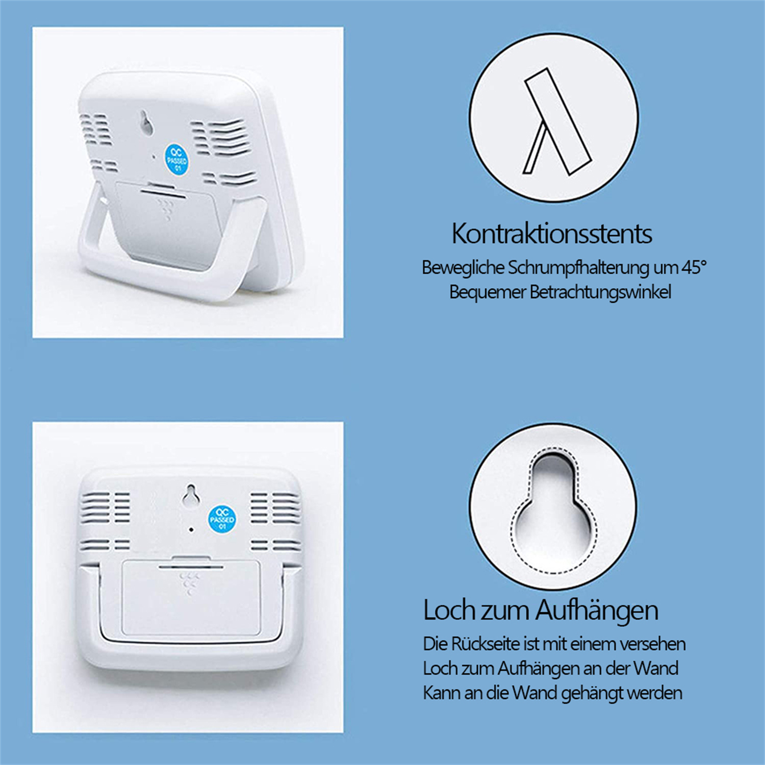 Die Rückseite einer weißen Digitaluhr mit einem Ständer und einem Loch zum Aufhängen an der Wand.
