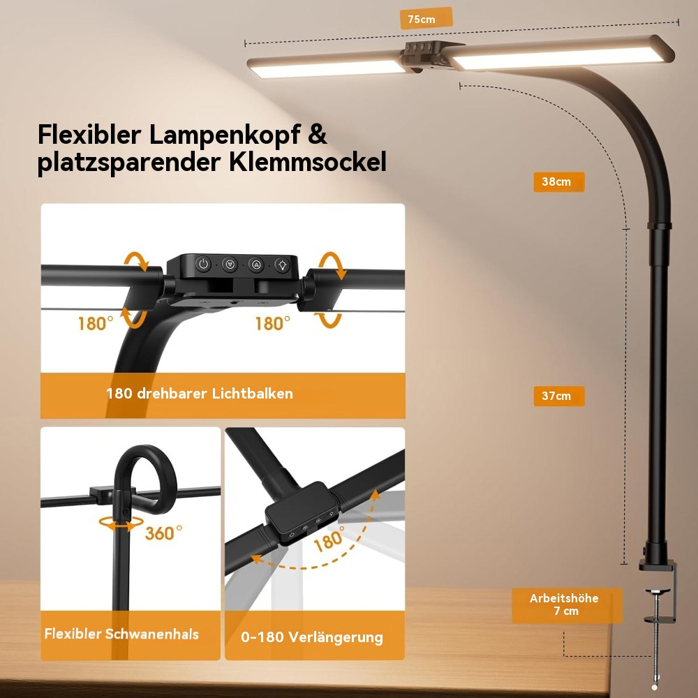 Schwarze Schreibtischlampe mit verstellbarem Kopf und Klemmfuß, zeigt Abmessungen und Flexibilität.