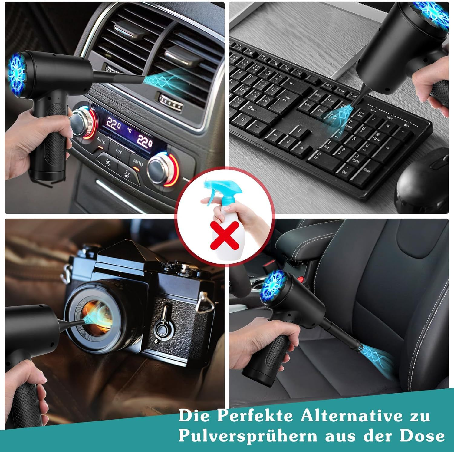 Collage eines schwarzen Luftstaubsaugers, der zur Reinigung eines Autointerieurs, einer Tastatur und einer Kamera verwendet wird.