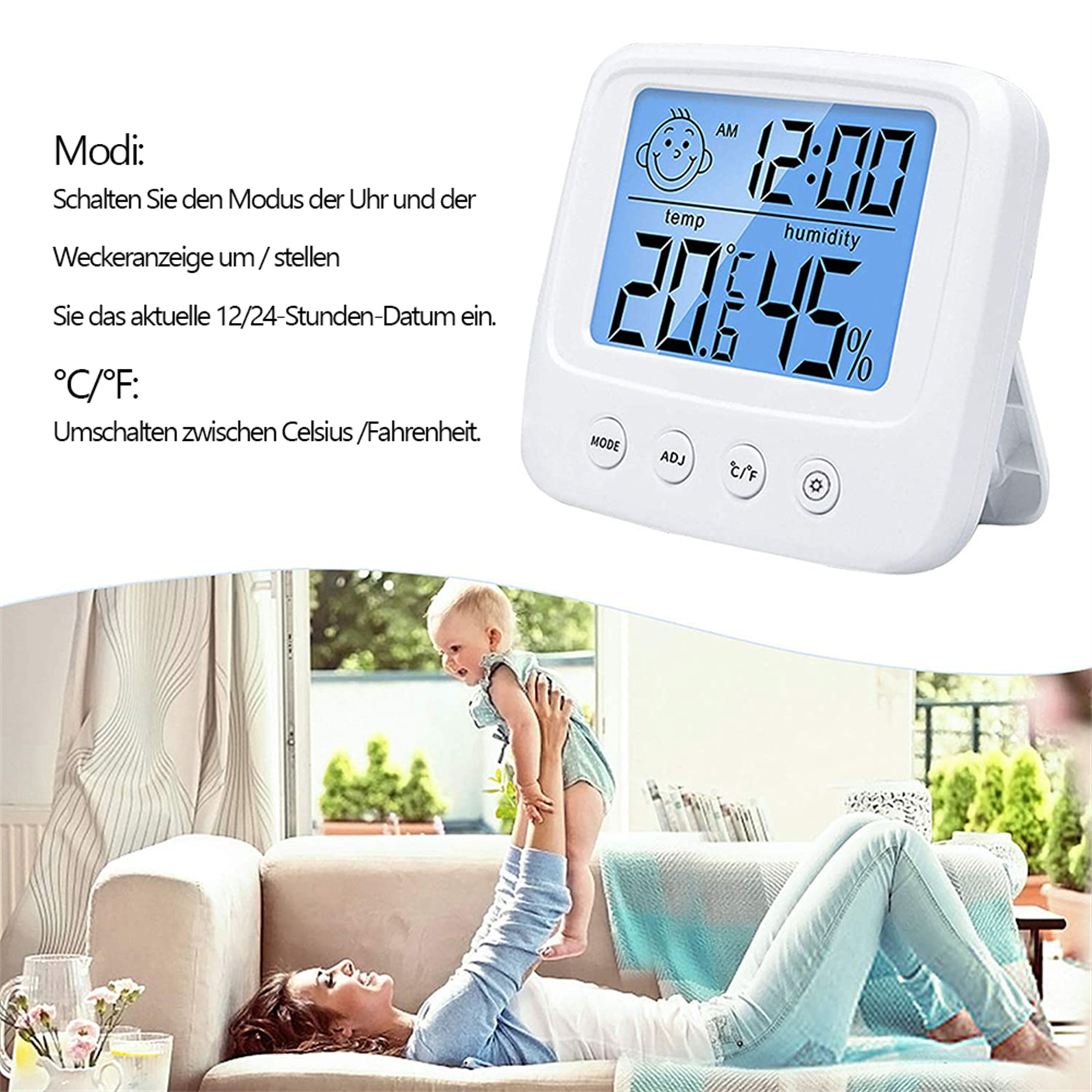 Digitales Thermometer, das Temperatur und Luftfeuchtigkeit anzeigt, mit einer Mutter und einem Baby im Hintergrund.