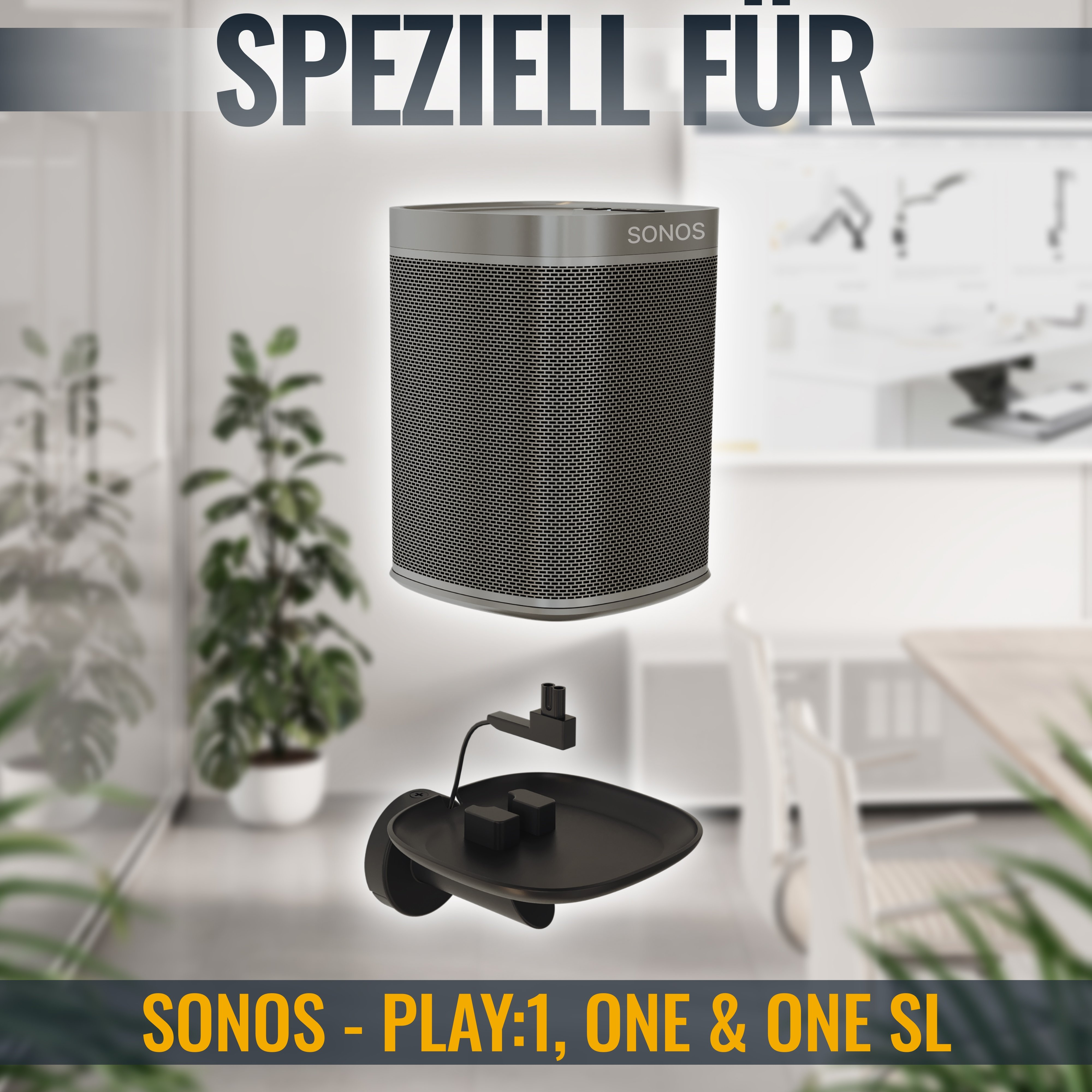 Ein Sonos-Lautsprecher und eine Regalhalterung werden in einem hellen, modernen Wohnraum präsentiert.
