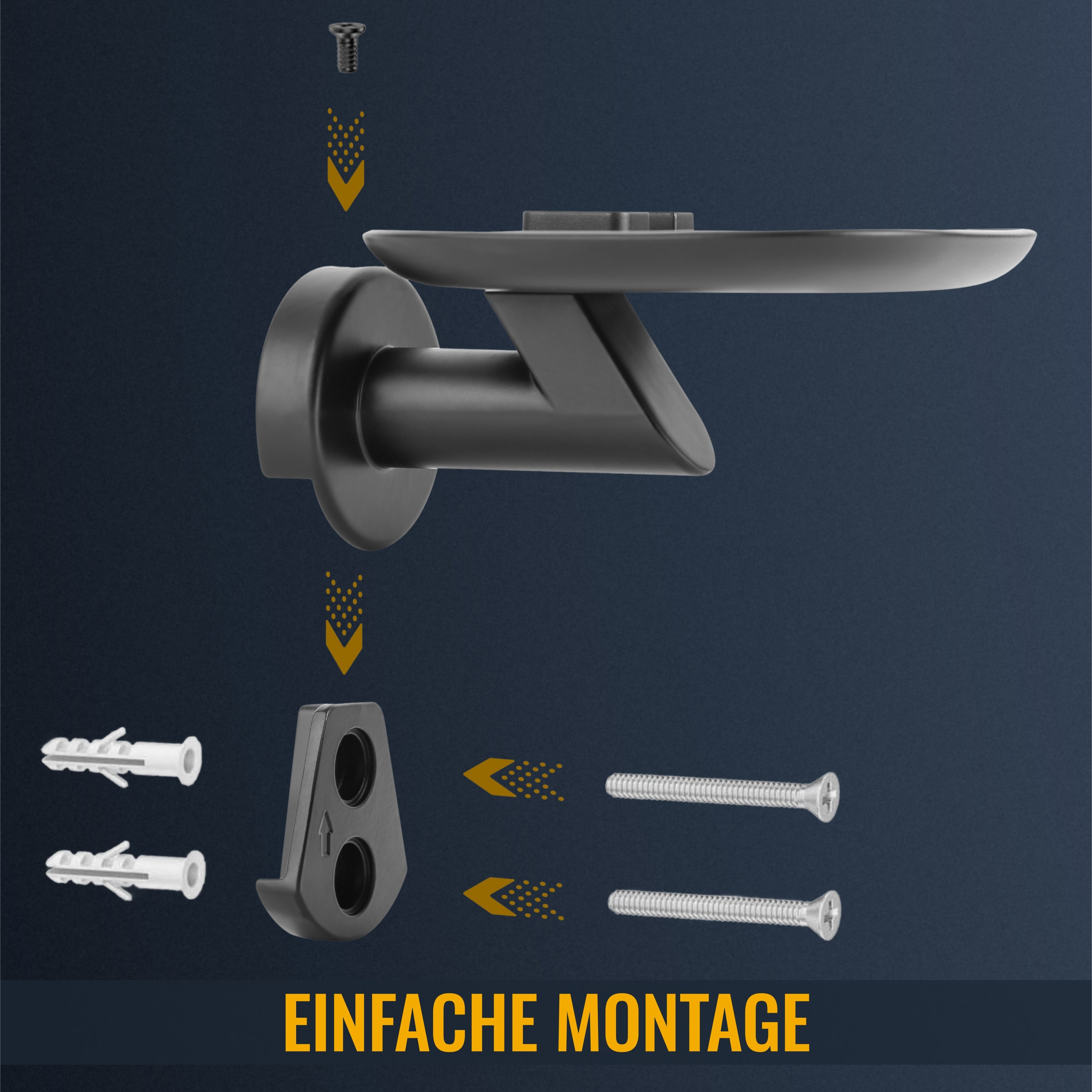 Ein Diagramm zeigt die Teile und die Montage eines schwarzen Regals und der zugehörigen Befestigungsteile.