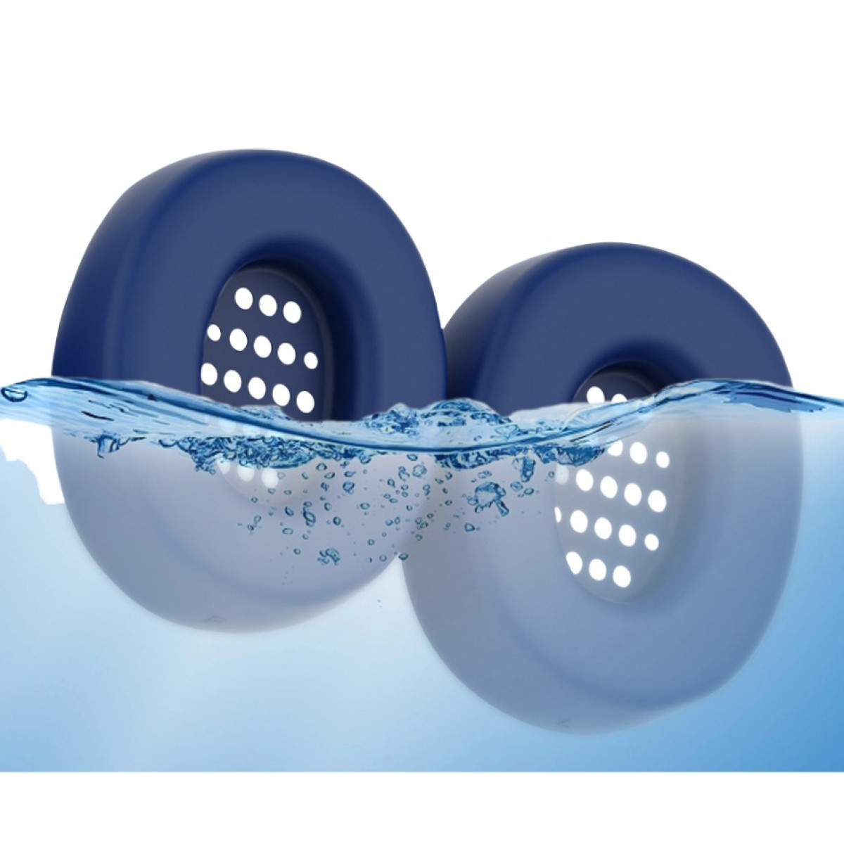 Two dark blue earbud covers are half submerged in water, showing their waterproof design.