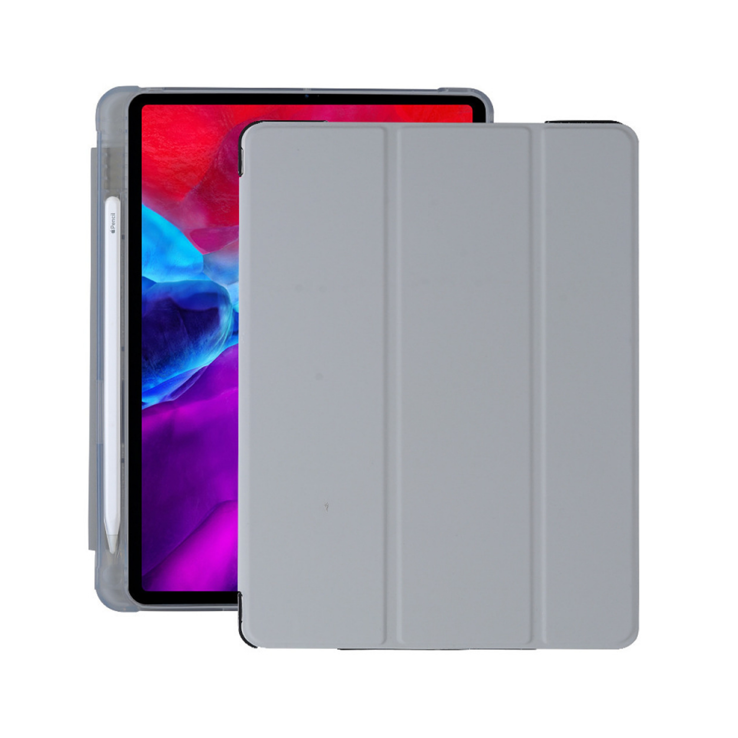 Ein iPad Pro mit grauer Hülle und angebrachtem Apple Pencil wird vor einem weißen Hintergrund angezeigt.