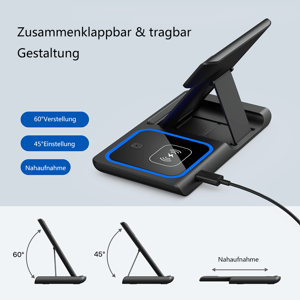 Ein schwarzer, zusammenklappbarer Ladeständer mit einstellbaren Winkeln, geeignet für Telefone und kabellose Ohrhörer.
