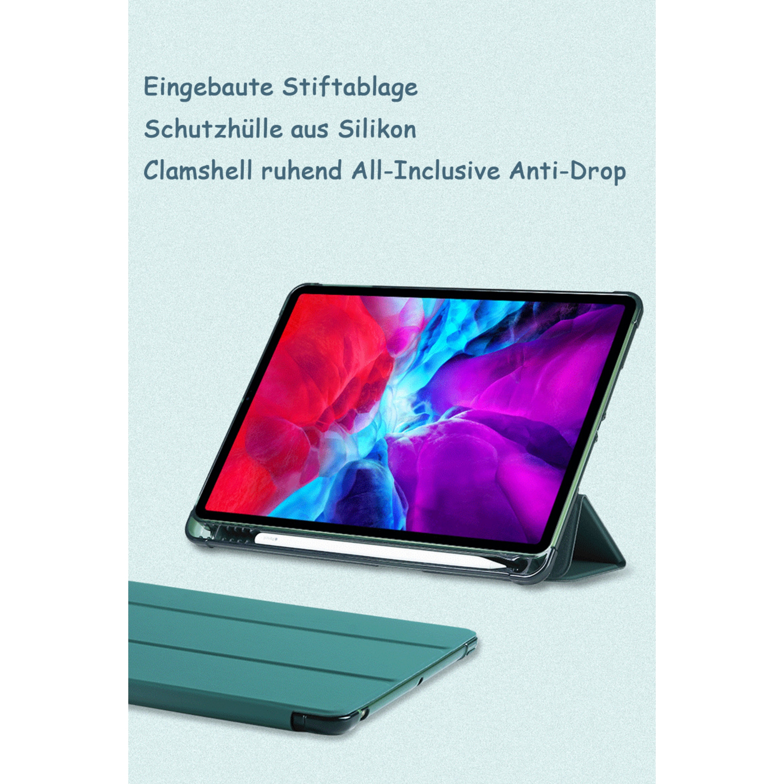 Ein iPad in einer Silikonhülle mit integrierter Stifthalterung und einer Klappabdeckung wird auf hellem Hintergrund präsentiert.