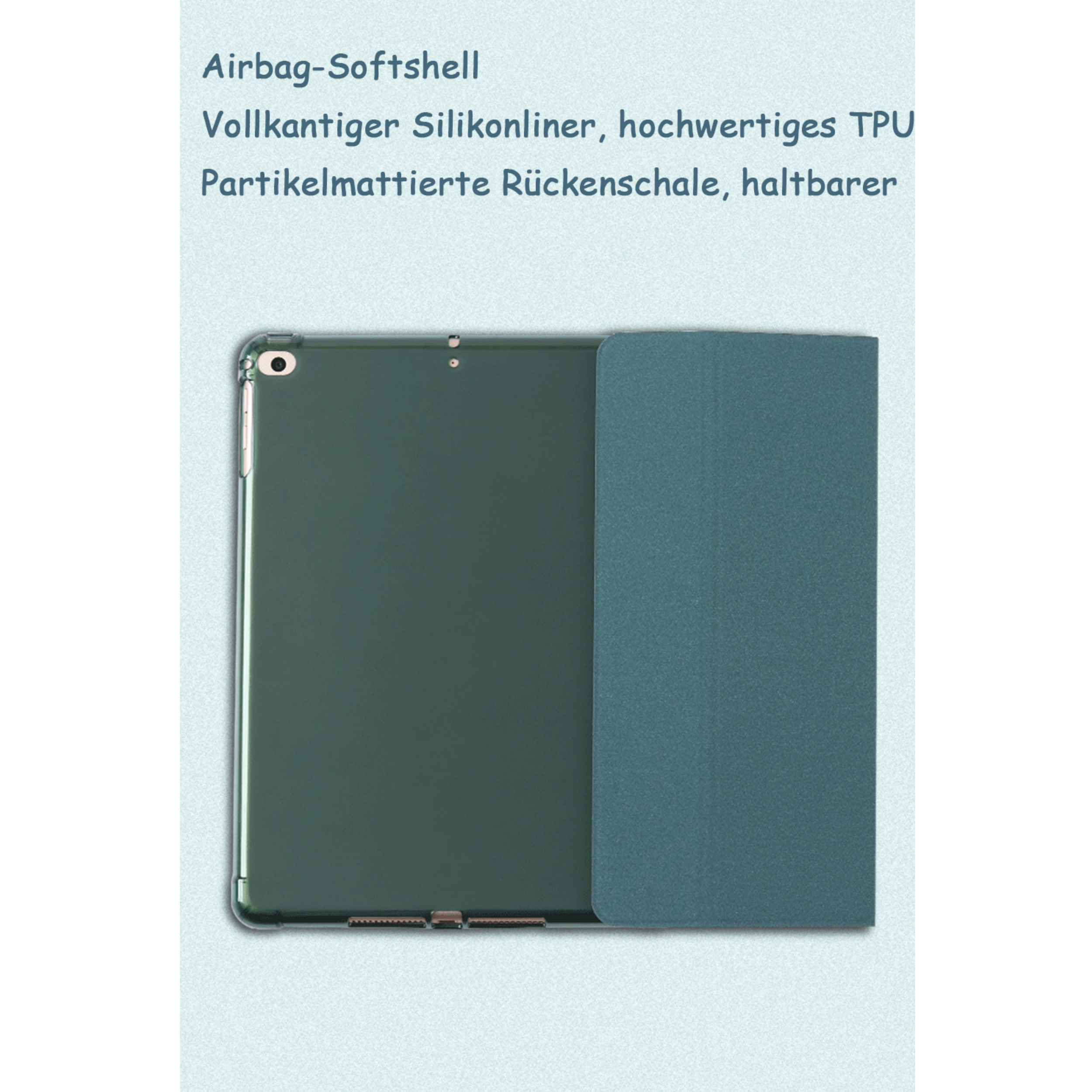 Ein grünes iPad mit passender Hülle mit Airbag-Softshell-Schutz ruht vor einem hellgrünen Hintergrund.