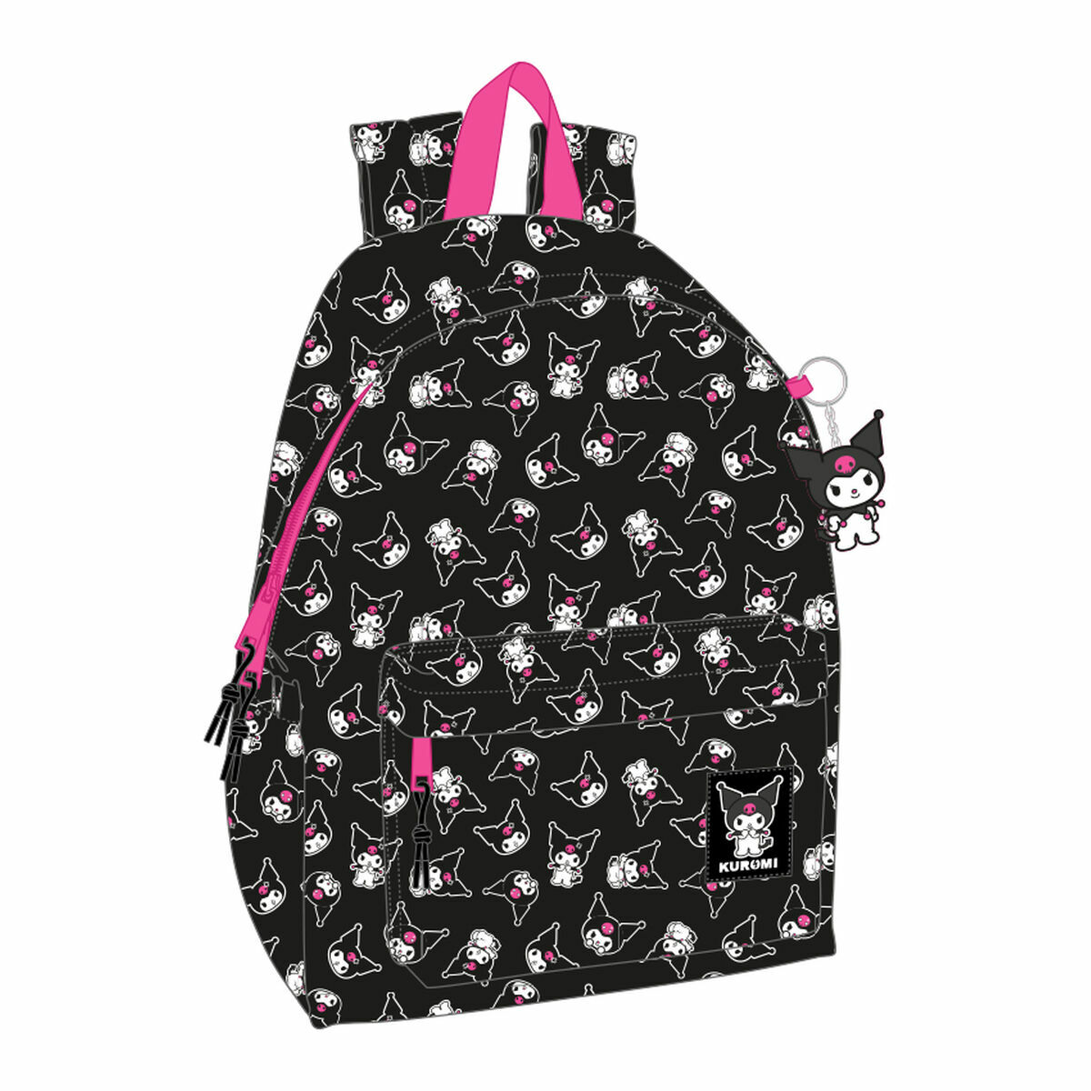 Ein schwarzer Rucksack mit rosa Akzenten und einem Charakter-Muster wird auf einem weißen Hintergrund angezeigt.