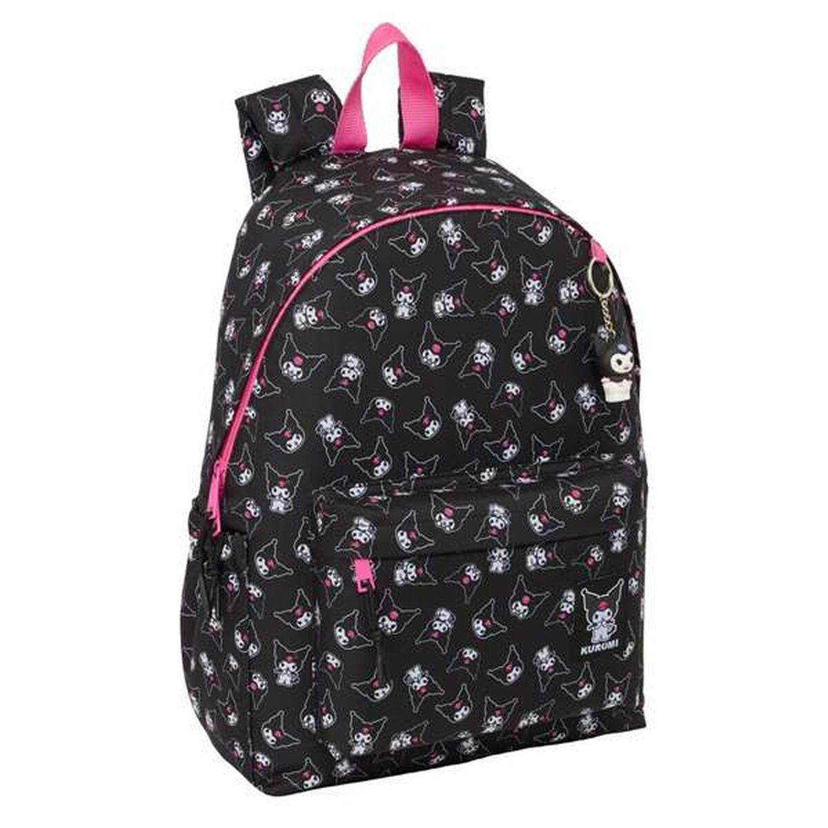 Ein schwarzer Rucksack mit rosa Besatz und Cartoon-Muster wird auf einem weißen Hintergrund angezeigt.
