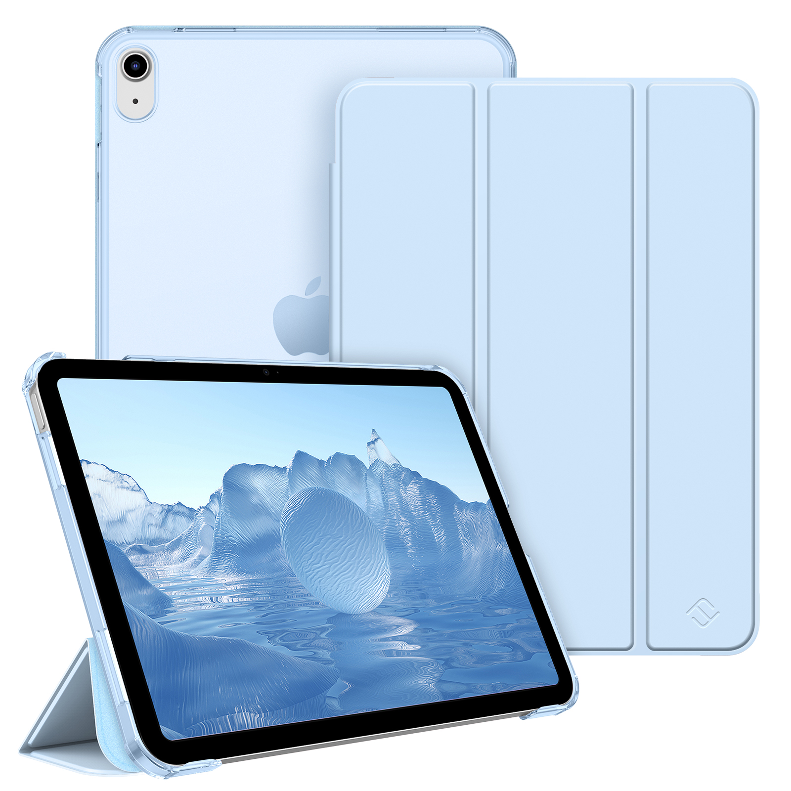 Ein hellblaues Tablet steht mit geöffnetem Cover und zeigt eine eisige Landschaft auf dem Bildschirm.