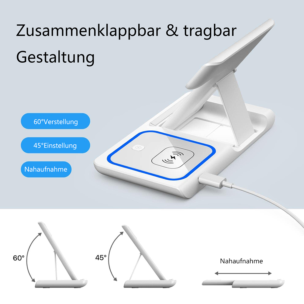 Eine weiße kabellose Ladestation wird mit verschiedenen Winkelansichten und deutschen Textüberlagerungen angezeigt.