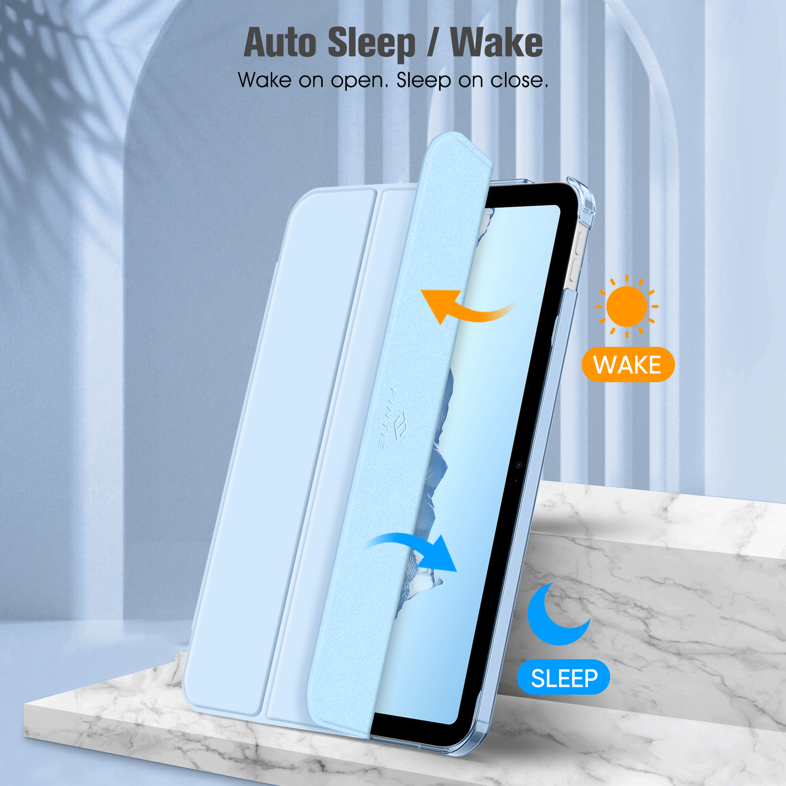 Eine hellblaue Tablet-Hülle wird angezeigt, die die automatische Schlaf-/Wachfunktion mit symbolischen Sonnen- und Mondsymbolen zeigt.