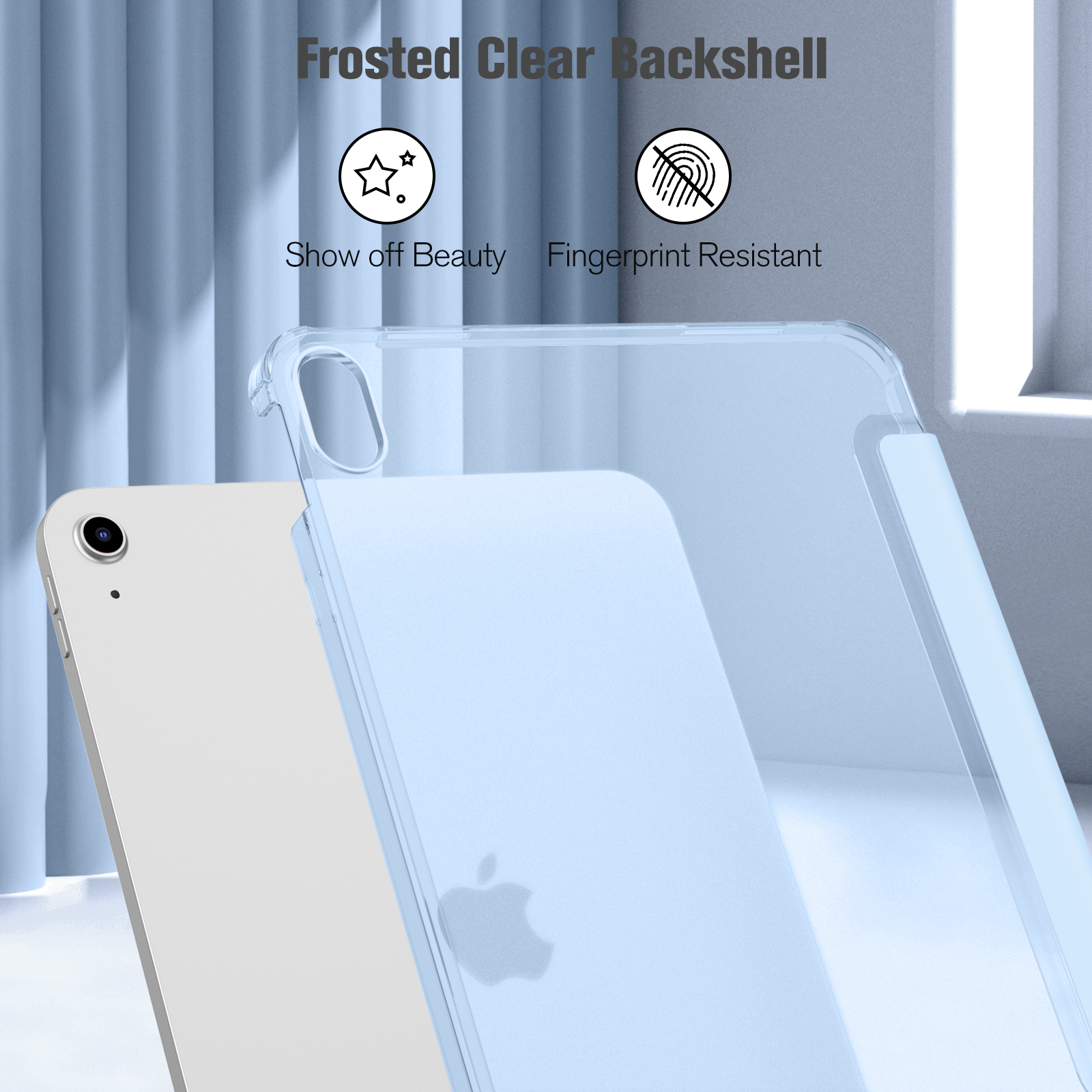Transparente iPad-Hülle mit Apple-Logo, mattierter Rückseite und einem Fenster im Hintergrund.
