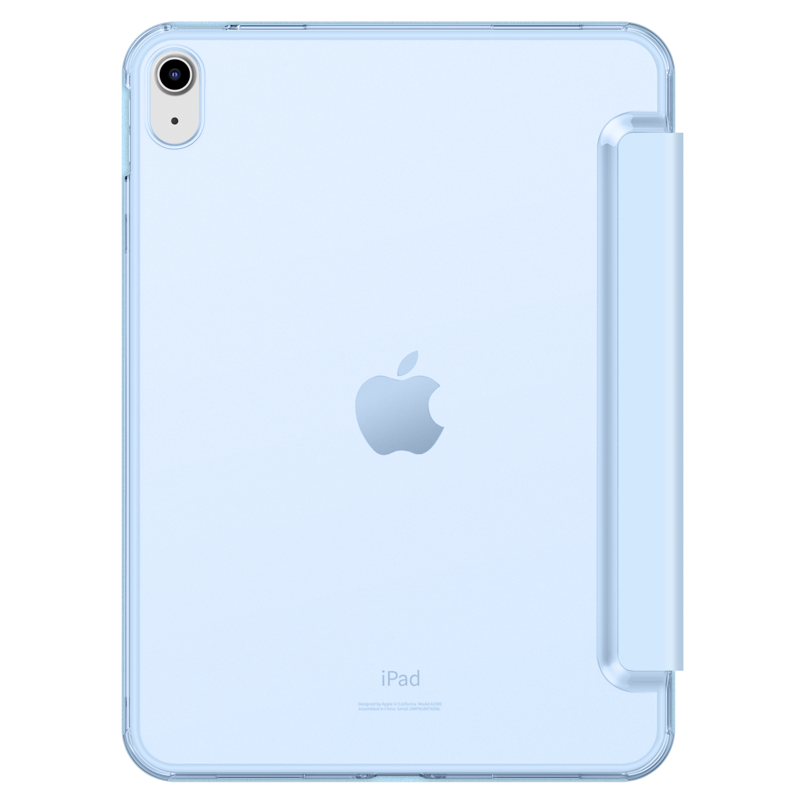 Transparente blaue iPad-Hülle mit Apple-Logo auf der Rückseite. Minimalistisches Design, schützt das Gerät.