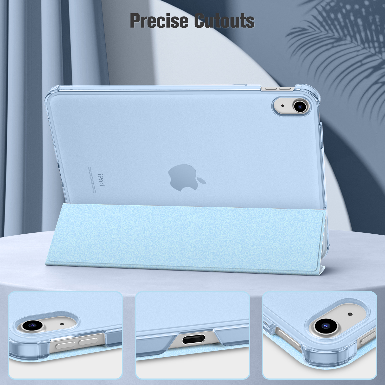 Transparente blaue iPad-Hülle mit präzisen Aussparungen und einem Ständer, die die Anschlüsse und die Kamera zeigt.