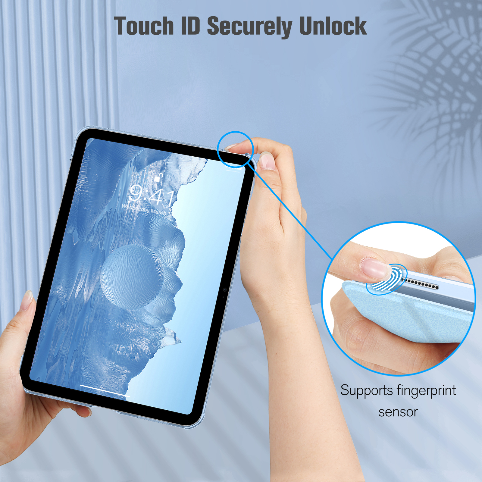Hand verwendet Fingerabdruck-Entsperrung auf einem iPad mit einer transparenten blauen Hülle, die die Touch-ID-Funktion hervorhebt.