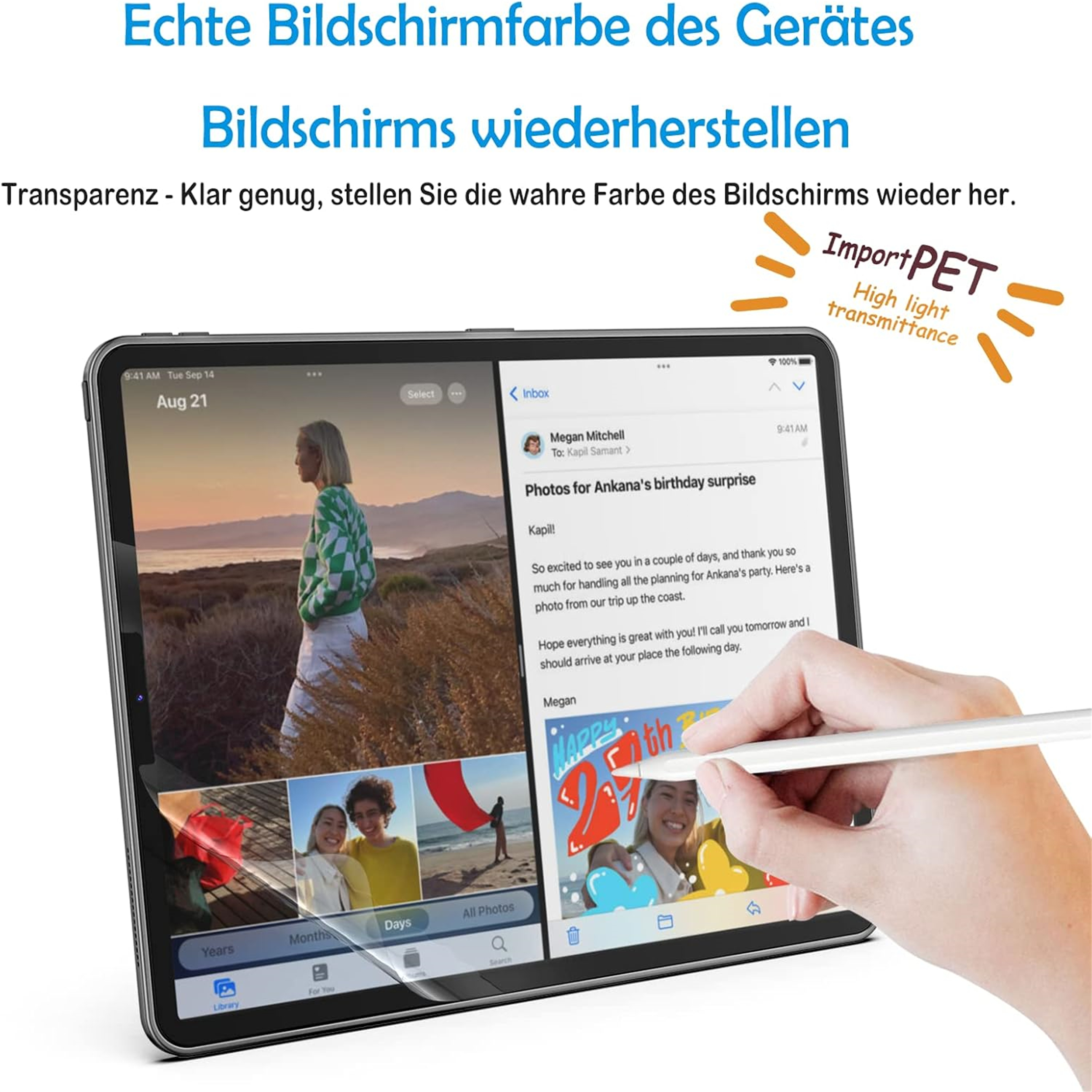 Ein Tablet zeigt eine E-Mail an, während ein Stift darüber schwebt. Der Bildschirm zeigt lebendige Bilder unter einer Schutzfolie.