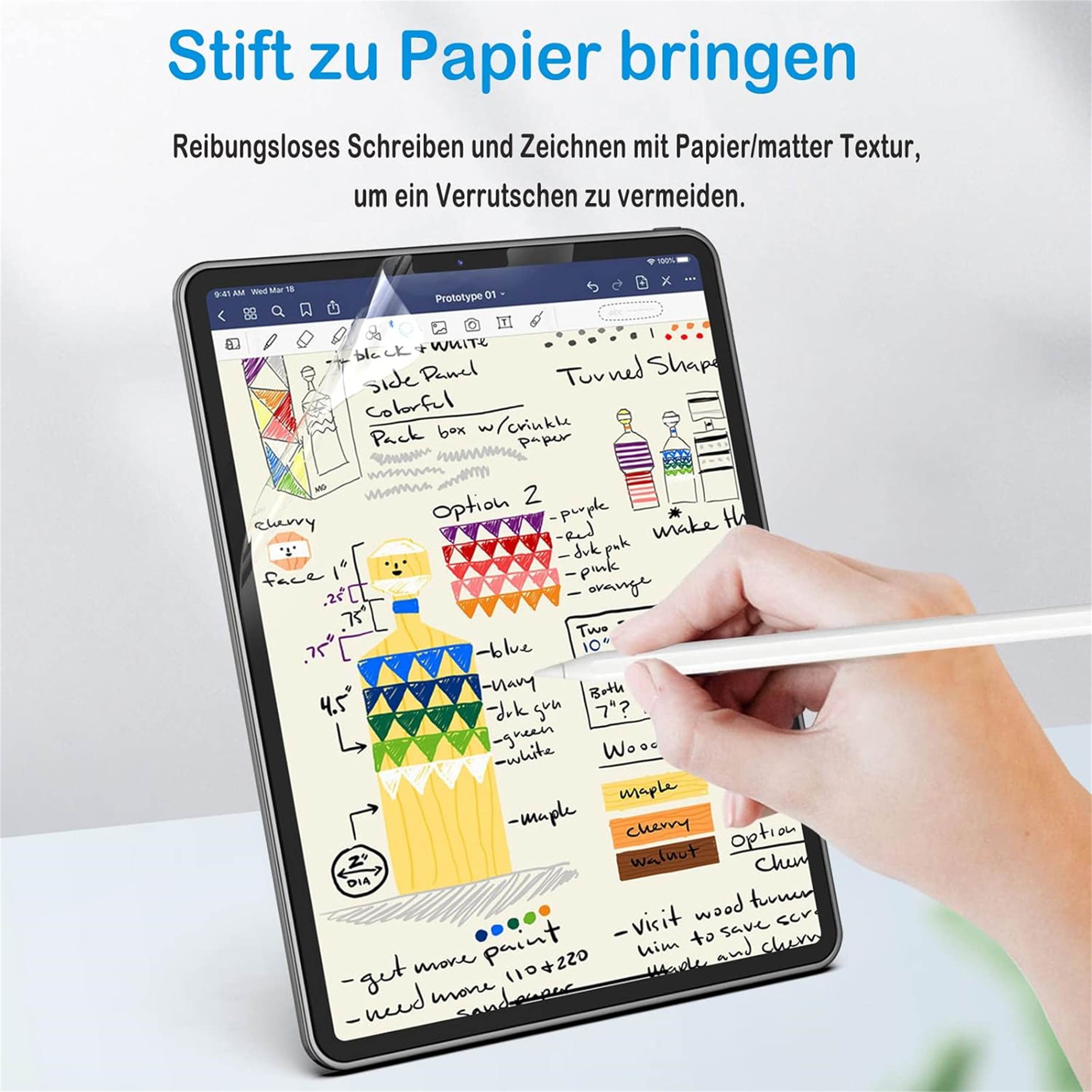 Ein Stift wird auf einem Tablet verwendet, das eine farbenfrohe, handgezeichnete Skizze einer dekorierten Flasche und Notizen zeigt.