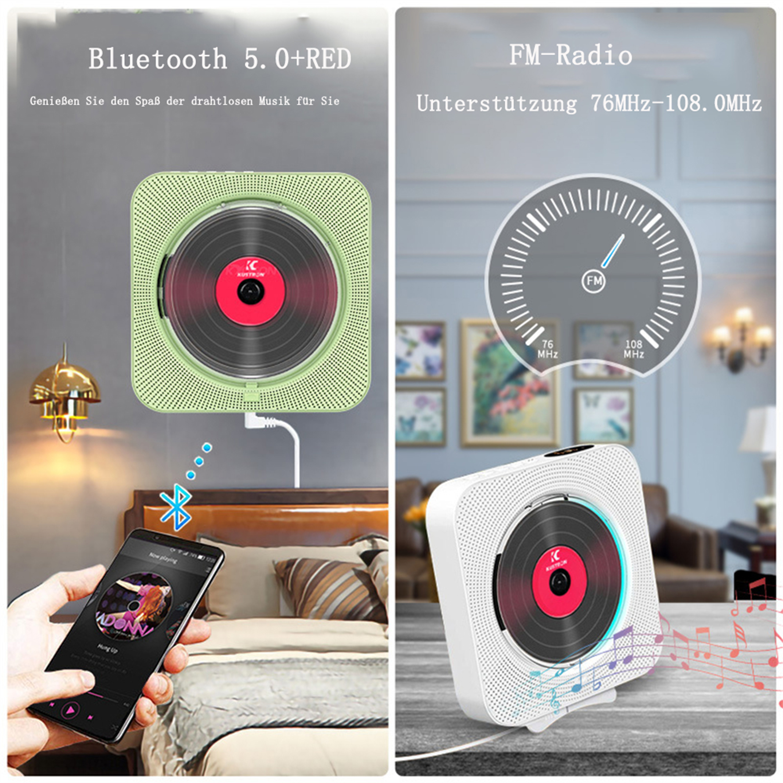 Das Bild zeigt zwei CD-Player, einen grünen und einen weißen, mit Konnektivitätsfunktionen und einer Smartphone-Verbindung.