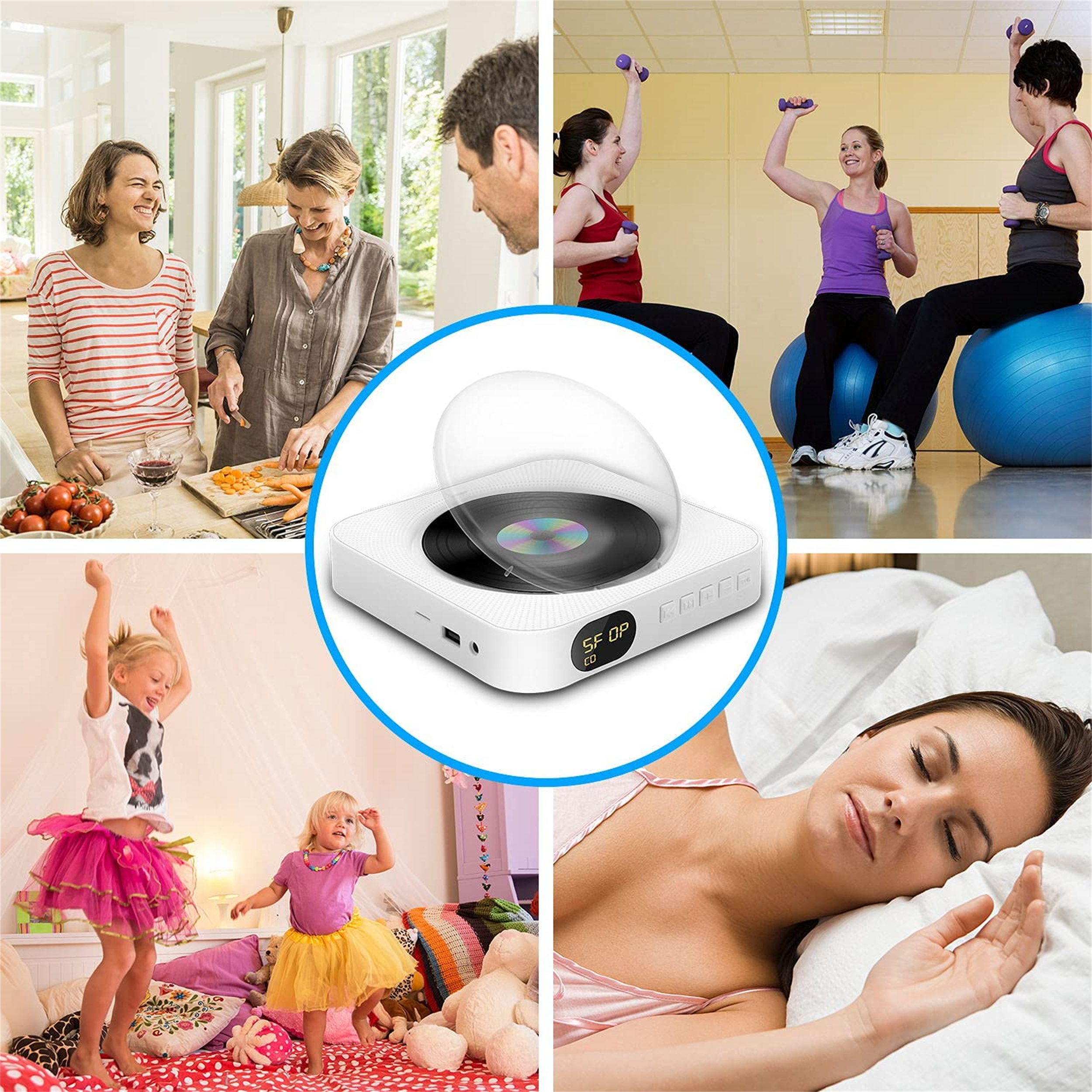 Collage von Lifestyleszenarien mit einem weißen CD-Player in der Mitte, der Musik beim Kochen, Sport und Entspannen zeigt.