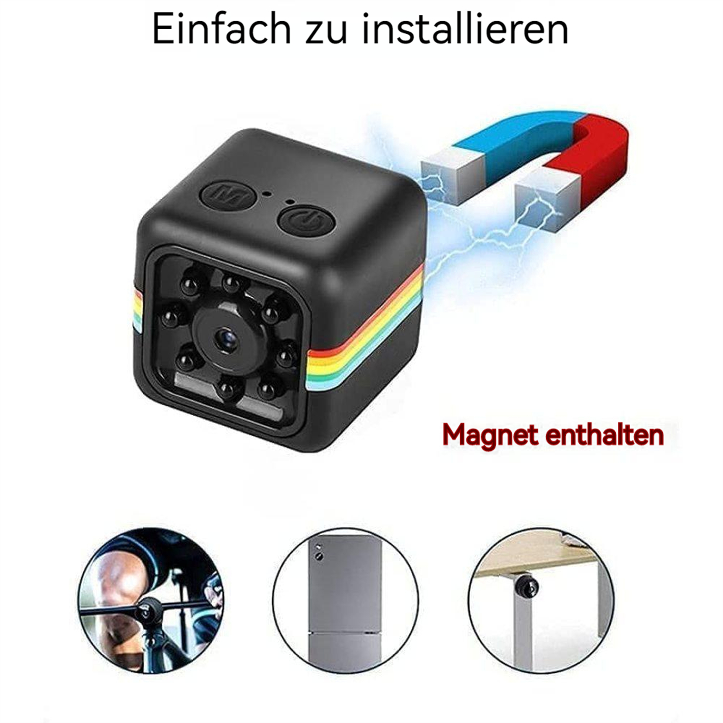 Eine kleine schwarze Würfelkamera in der Nähe eines Magneten, mit Installationsbeispielen unten.