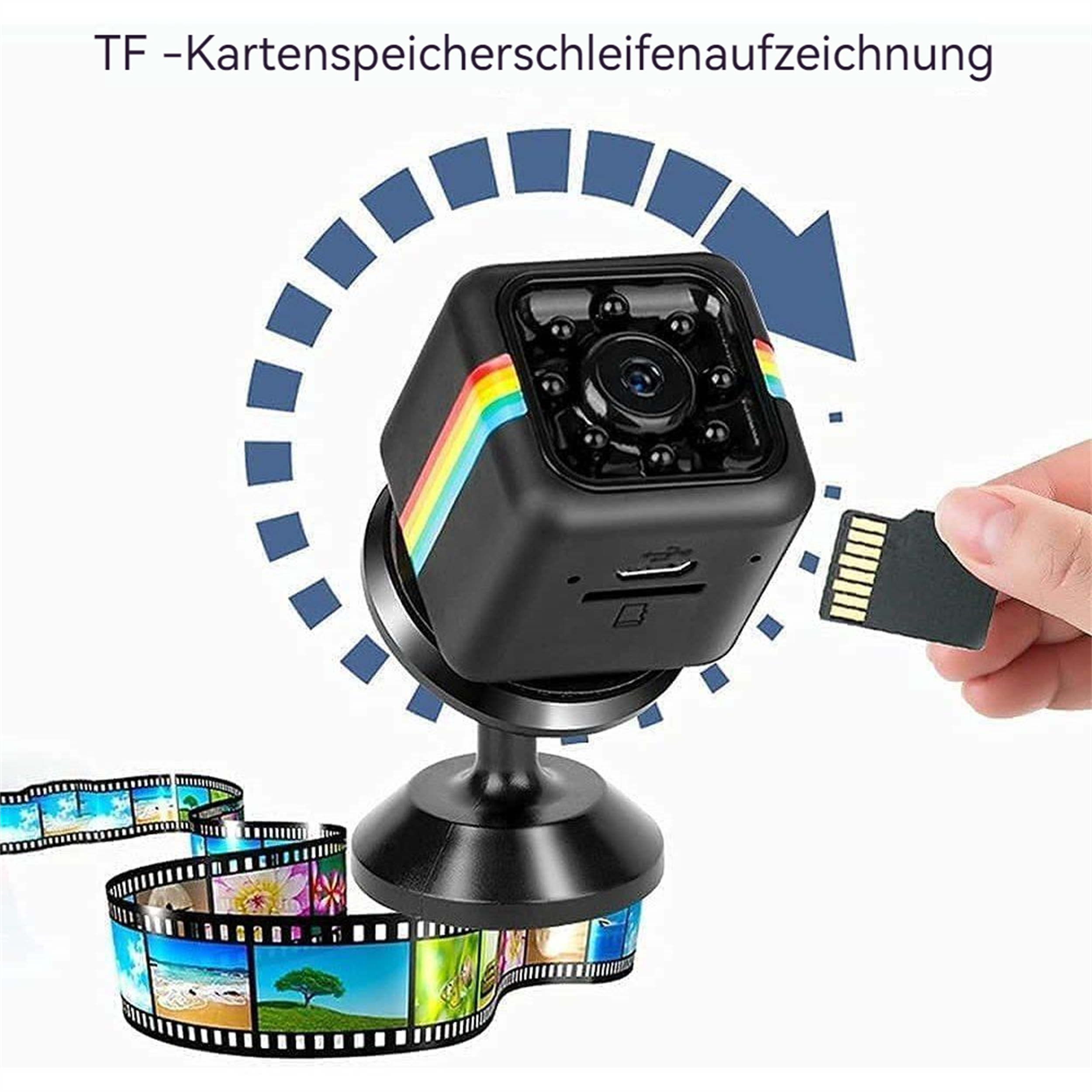 Eine kleine schwarze Würfelkamera, montiert, wobei eine Hand eine Micro-SD-Karte einlegt.