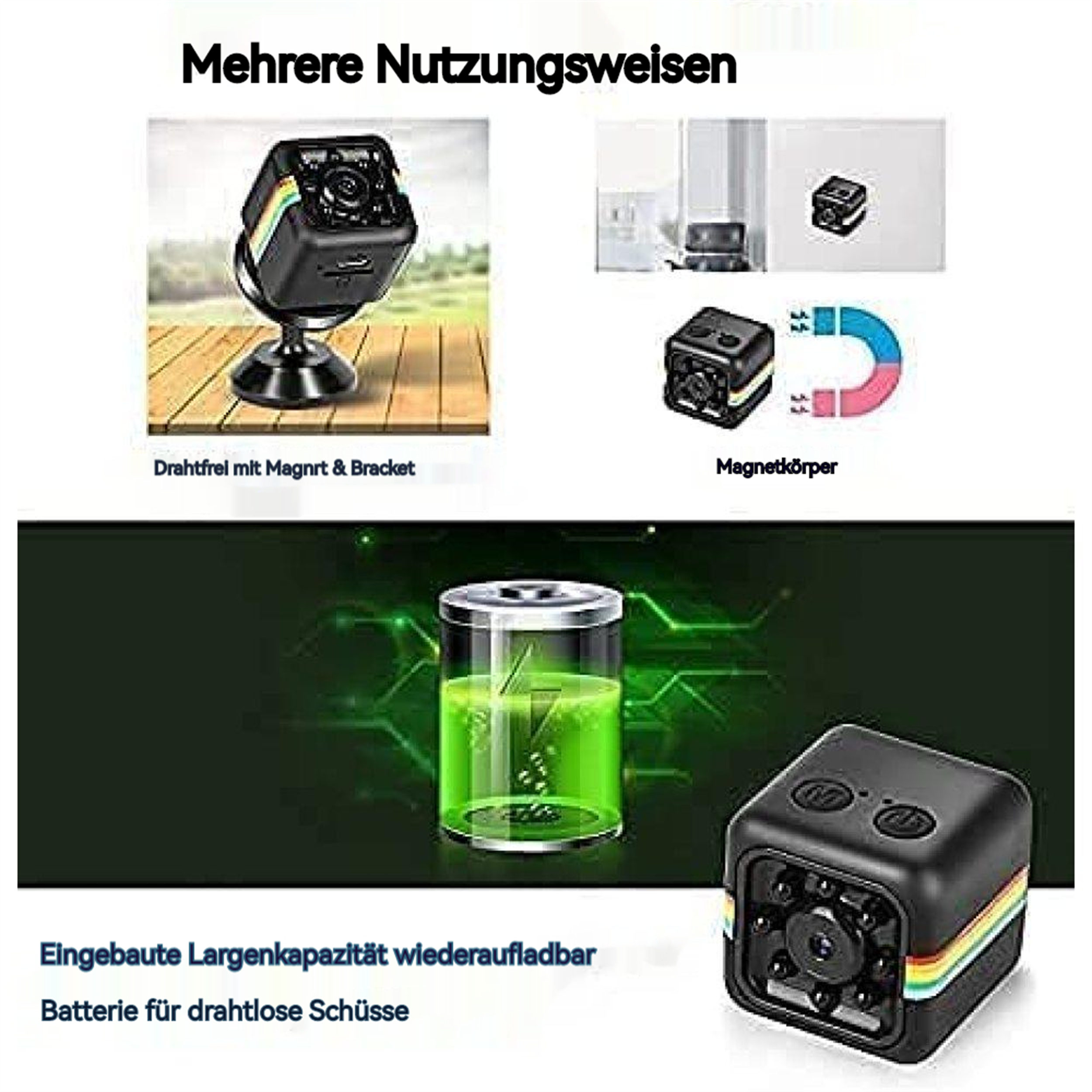 Eine kleine schwarze Würfelkamera mit Regenbogenstreifen und angezeigten Installationsoptionen.
