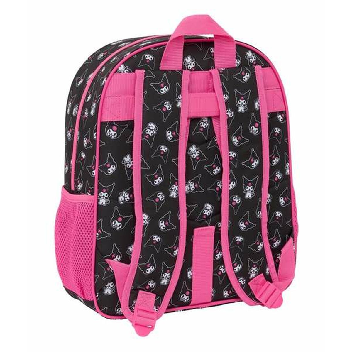Rückansicht eines schwarz-rosa Rucksacks mit einem Zeichentrickmuster und rosa Trägern.