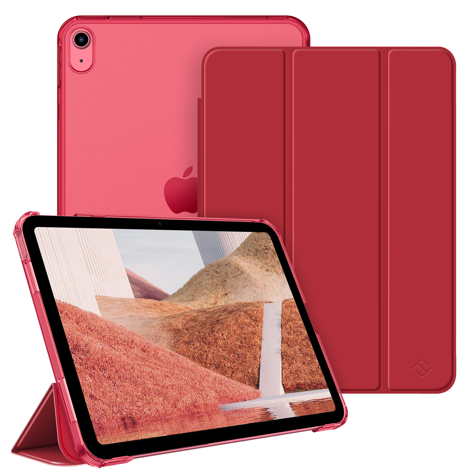 Das Bild zeigt eine rote iPad-Hülle mit einer Landschaftsansicht eines Canyons auf dem Bildschirm.