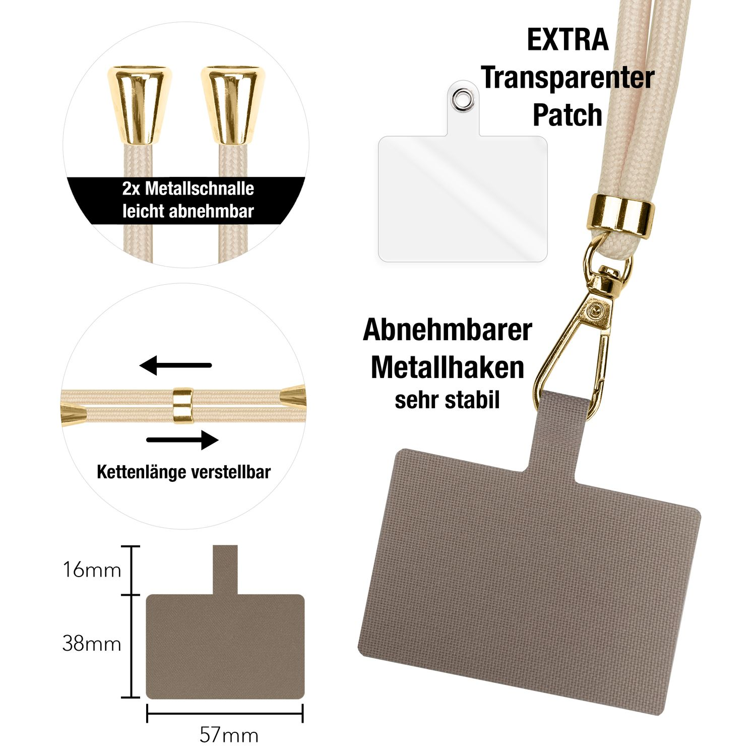 Das Bild zeigt Details zu den Komponenten eines beigefarbenen Smartphone-Lanyards, einschließlich Verschlüssen und Patch.
